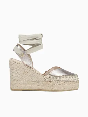 236510 Platino Laminado Piel Tie Up Wedge Espadrilles