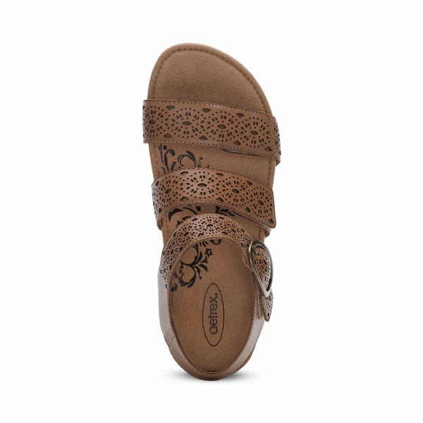 Aetrex Women's Lilly Cutout Taupe Japanese Wood Sandals