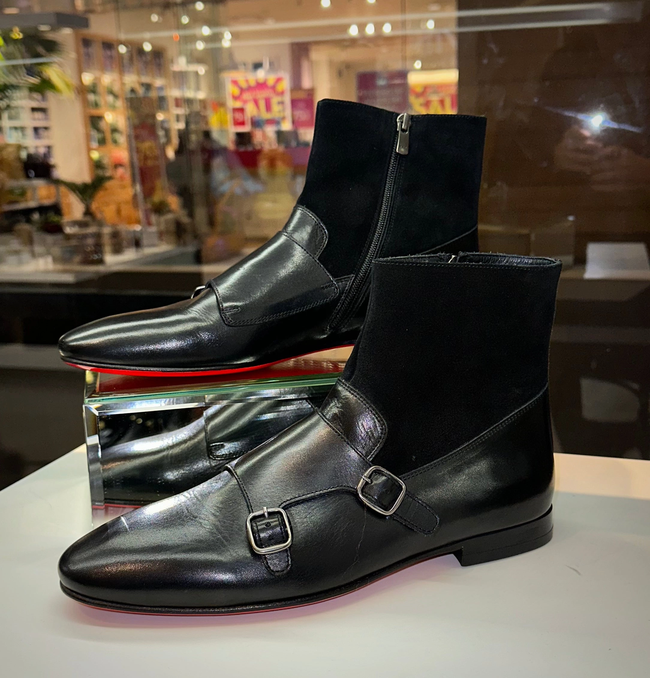 Preston Black Leather & Suede Double Monk Strap Ankle Men Boot Ankle Boots With Studs And Buckles