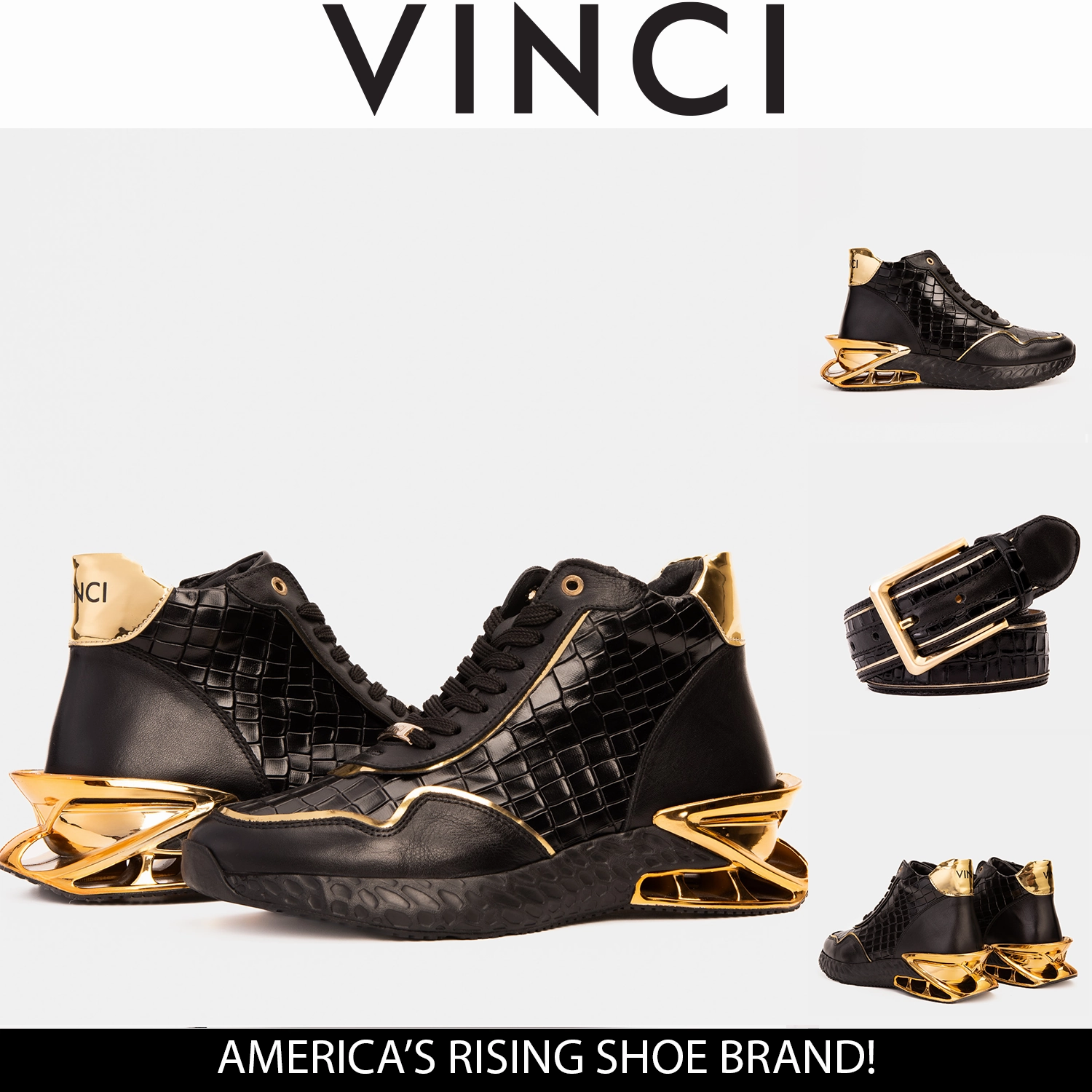 Collection Leather Ankle Boots -carleigh Style Bellagio Black & Gold High-Top Men Sneaker