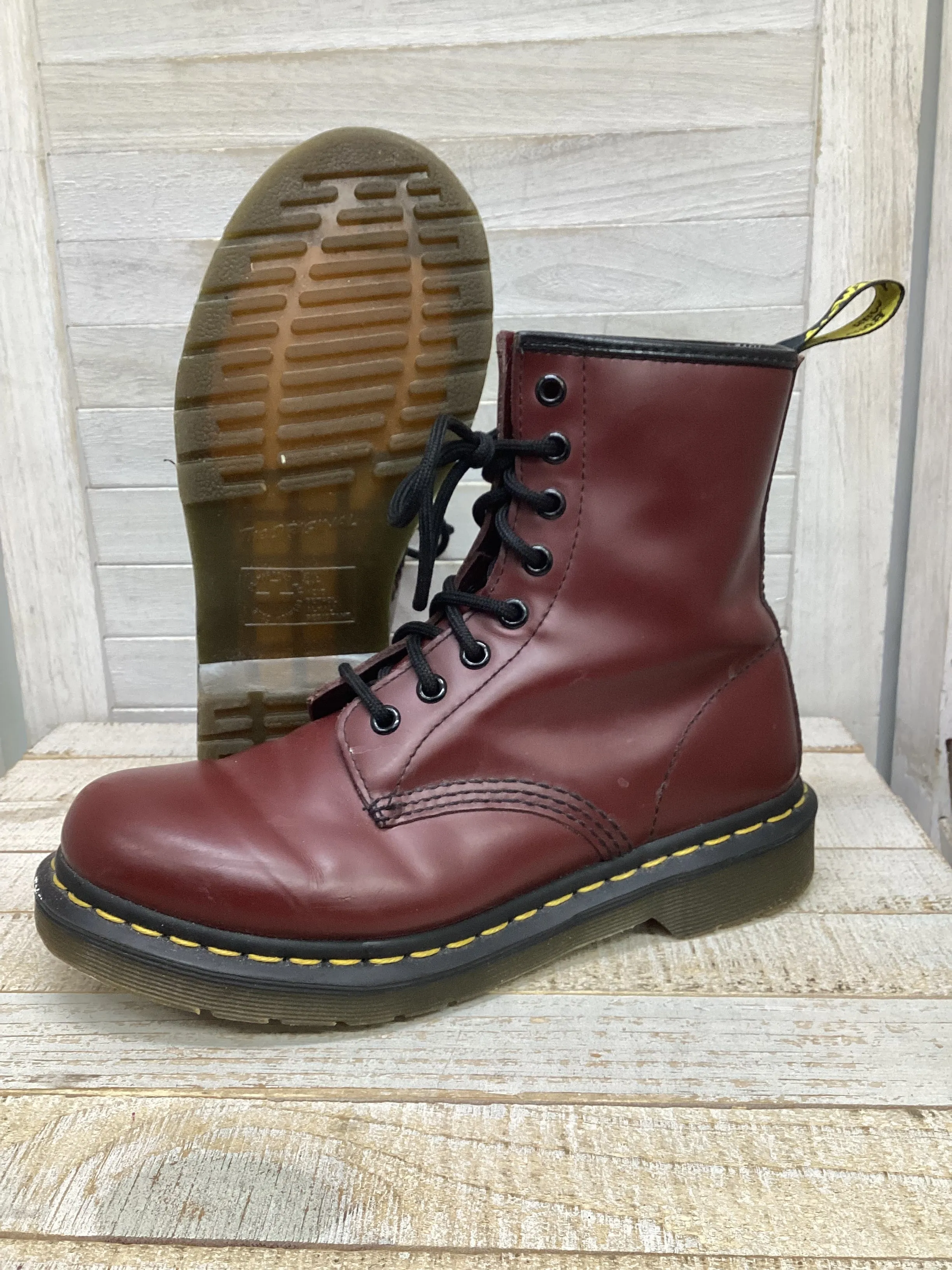 Rockoko Leather & Knit Combat Boots Boots Combat By Dr Martens In Red, Size: 8.5