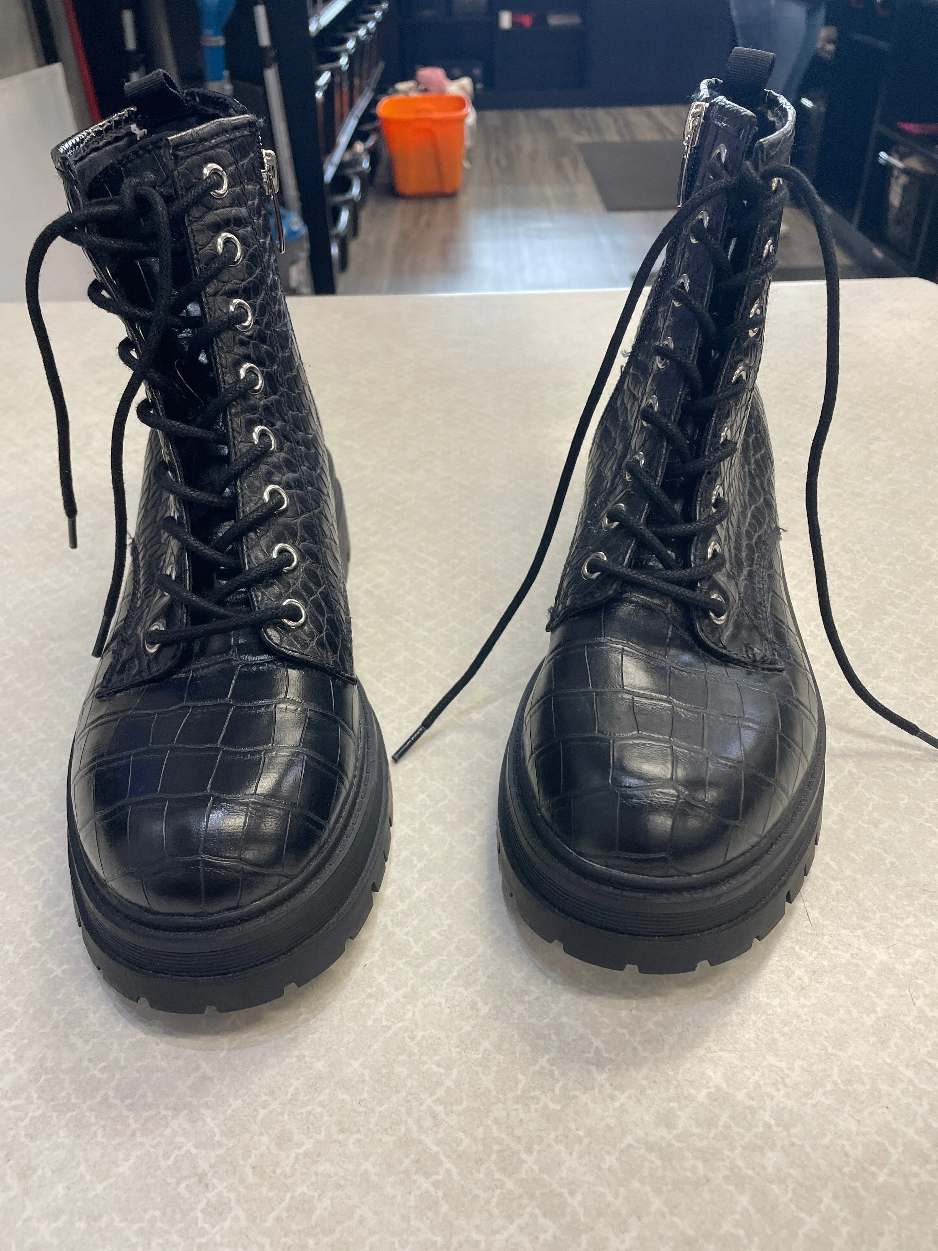 Leather High Heel Combat Boots Boots Combat By Nine West In Black, Size: 9