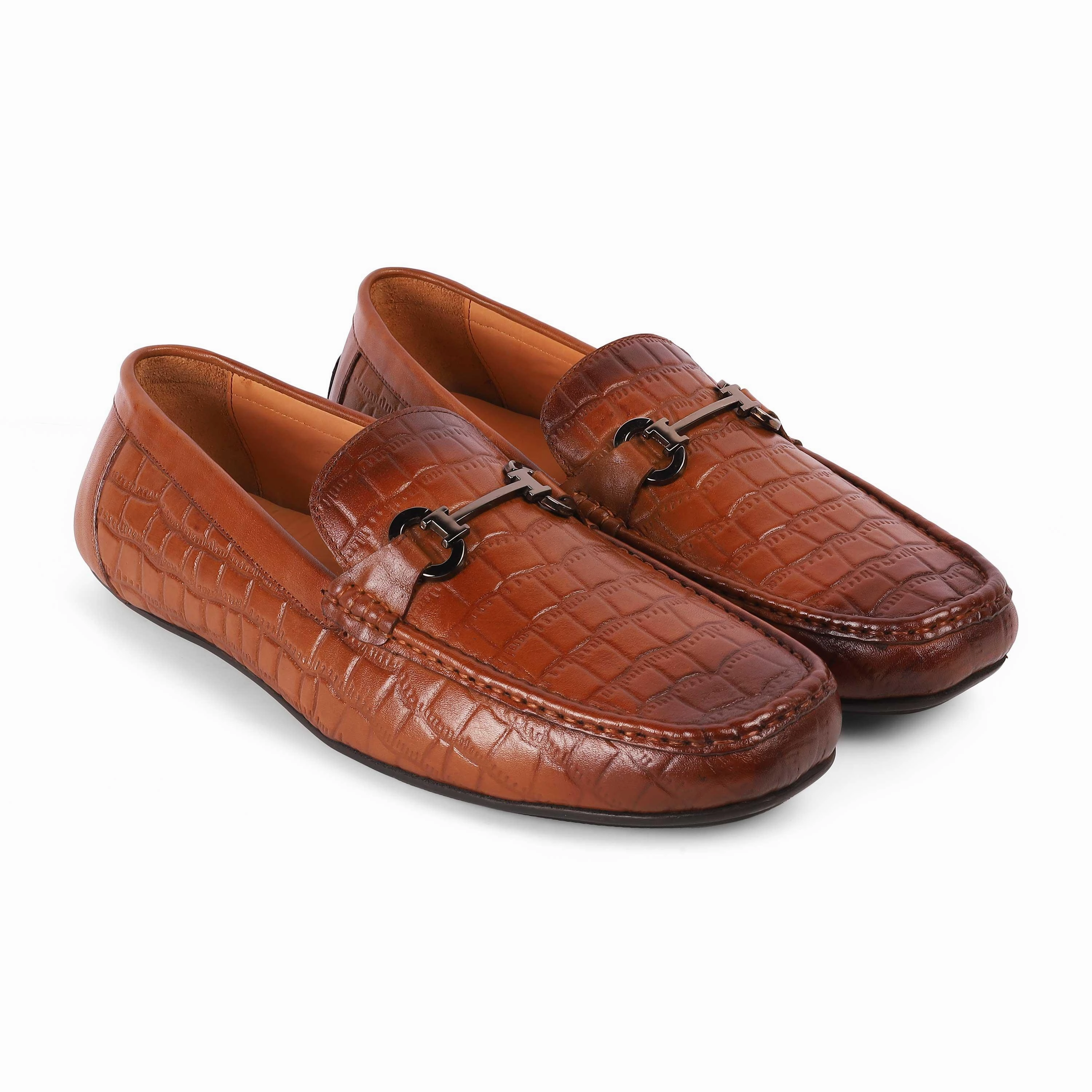 Tresmode Oxile Tan Men's Textured Leather Loafers Loafers Studded