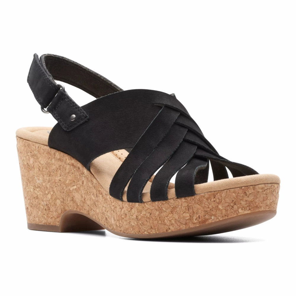 Clarks Giselle Glow Black Nubuck Wedge Sandals (Women's) Ladies Sandals