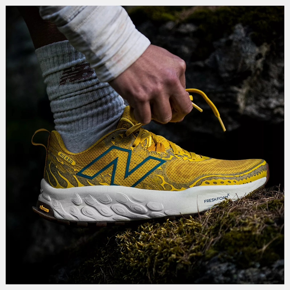 New Balance Red White And Blue New Balance Women's Fresh Foam X Hierro v8 Sneaker in Ginger Lemon with Calcium and Terrarium
