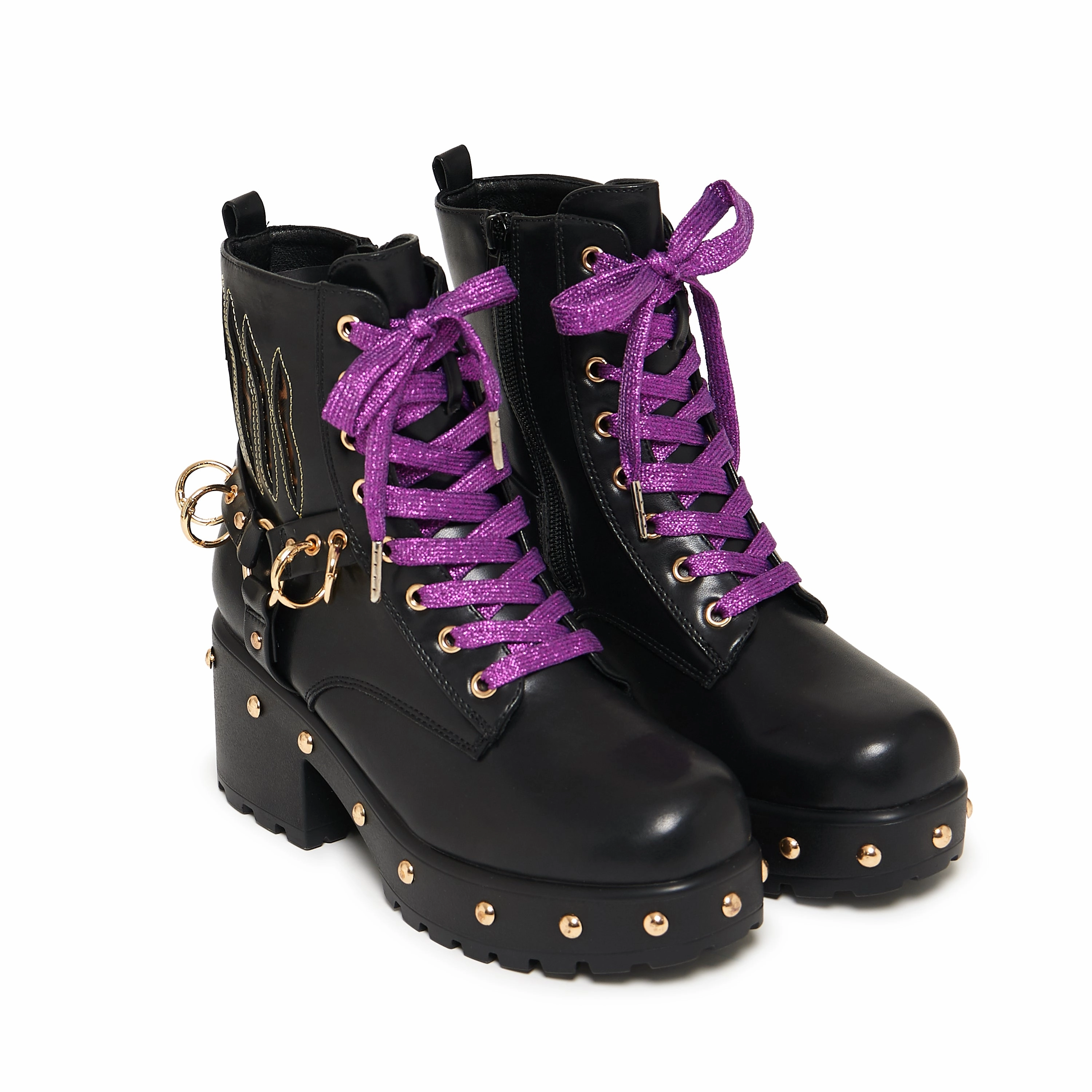 Lucia Werewolf Military Studded Boots - Black Lace Ankle Boots Heels