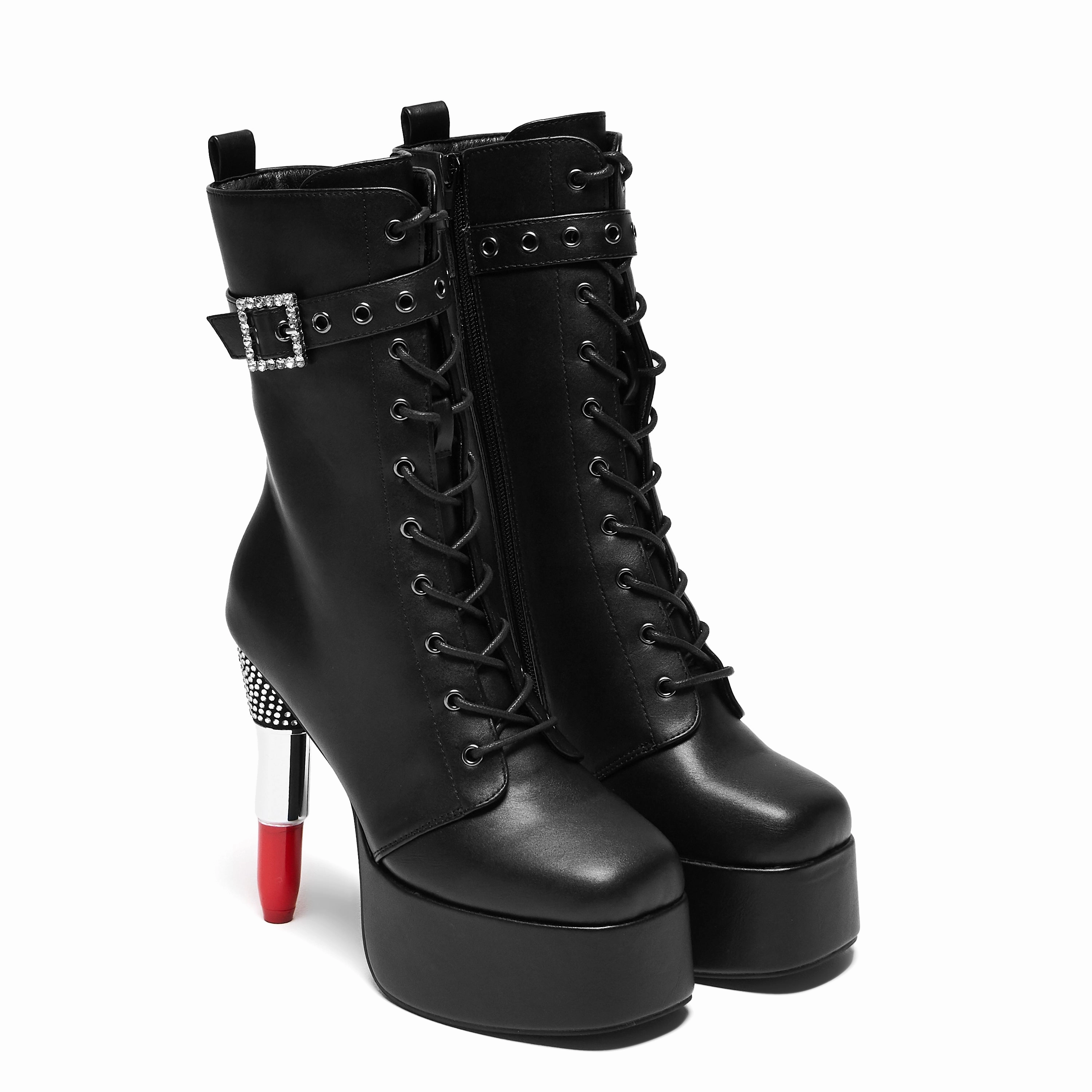 Flat Pointed Toe Ankle Boots Thrill Me Lipstick Heeled Boots - Black