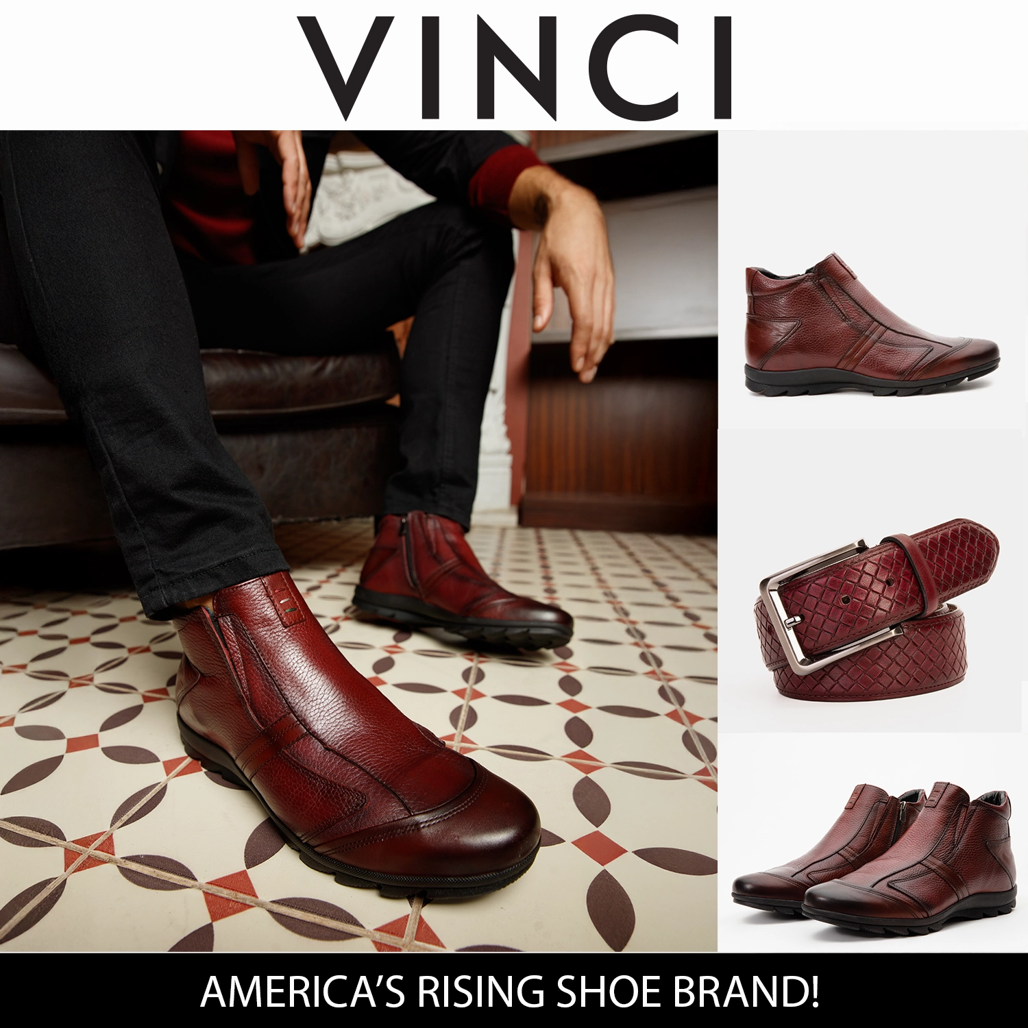 Flat Pull On Ankle Boots The Montreal Burgundy Leather Casual Zip-Up Ankle Men Boot