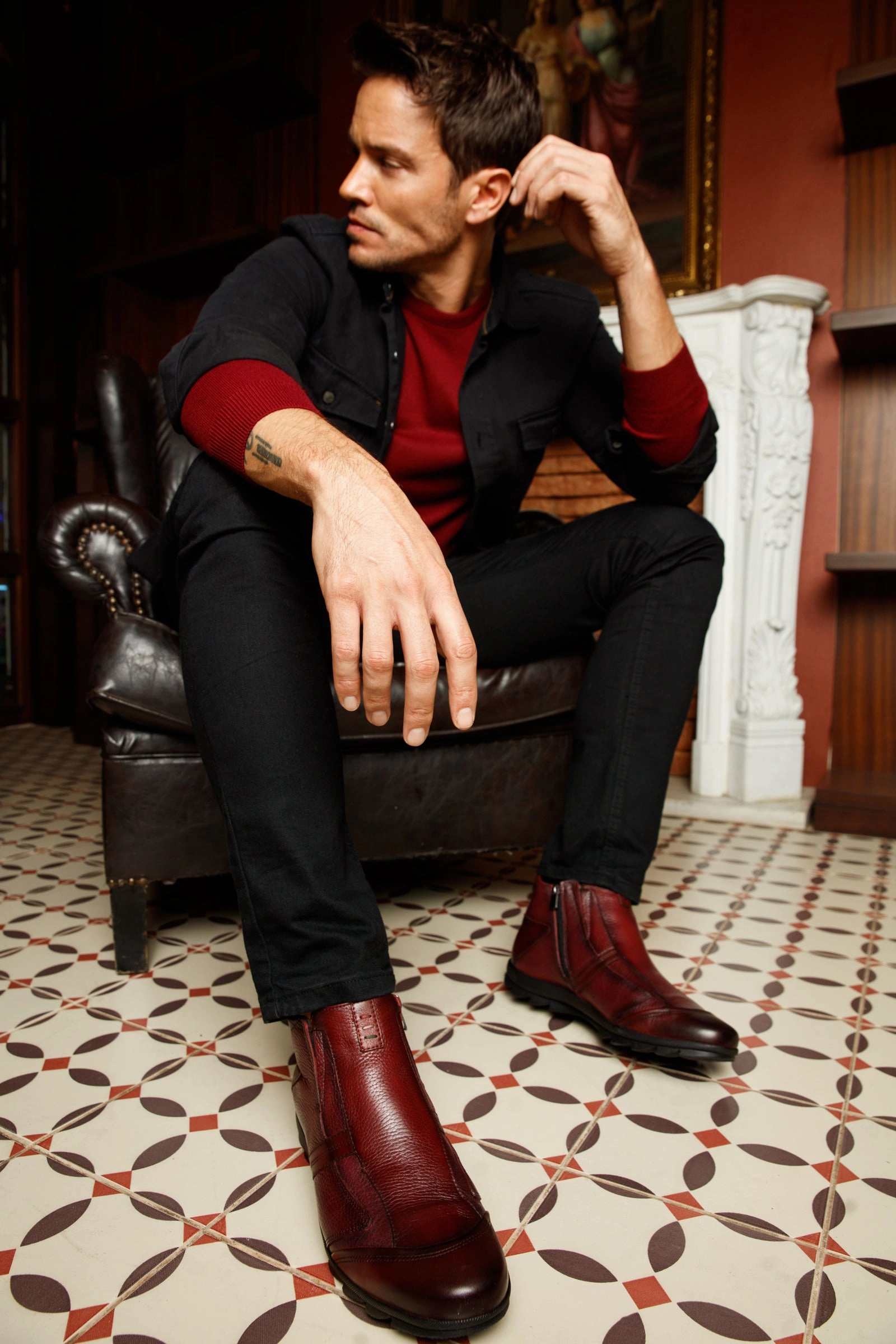 The Montreal Burgundy Leather Casual Zip-Up Ankle Men Boot Ankle Boots With Chain