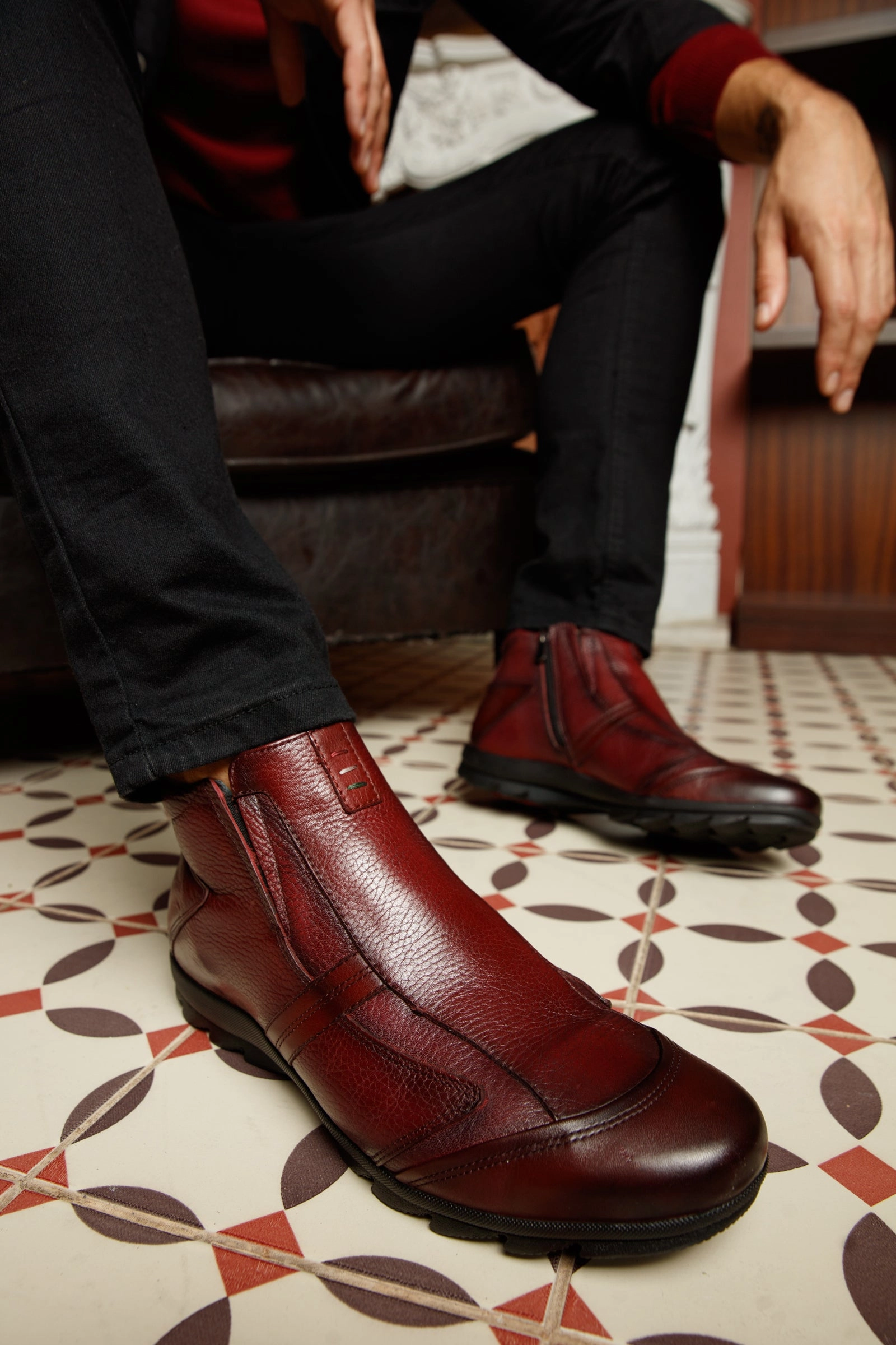 Patent Ankle Boots Outfit The Montreal Burgundy Leather Casual Zip-Up Ankle Men Boot