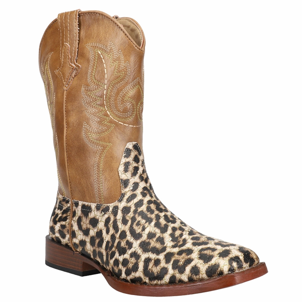 Glitter Leopard Square Toe Cowboy Boots (Big Kid) Cowgirl Dress Boots