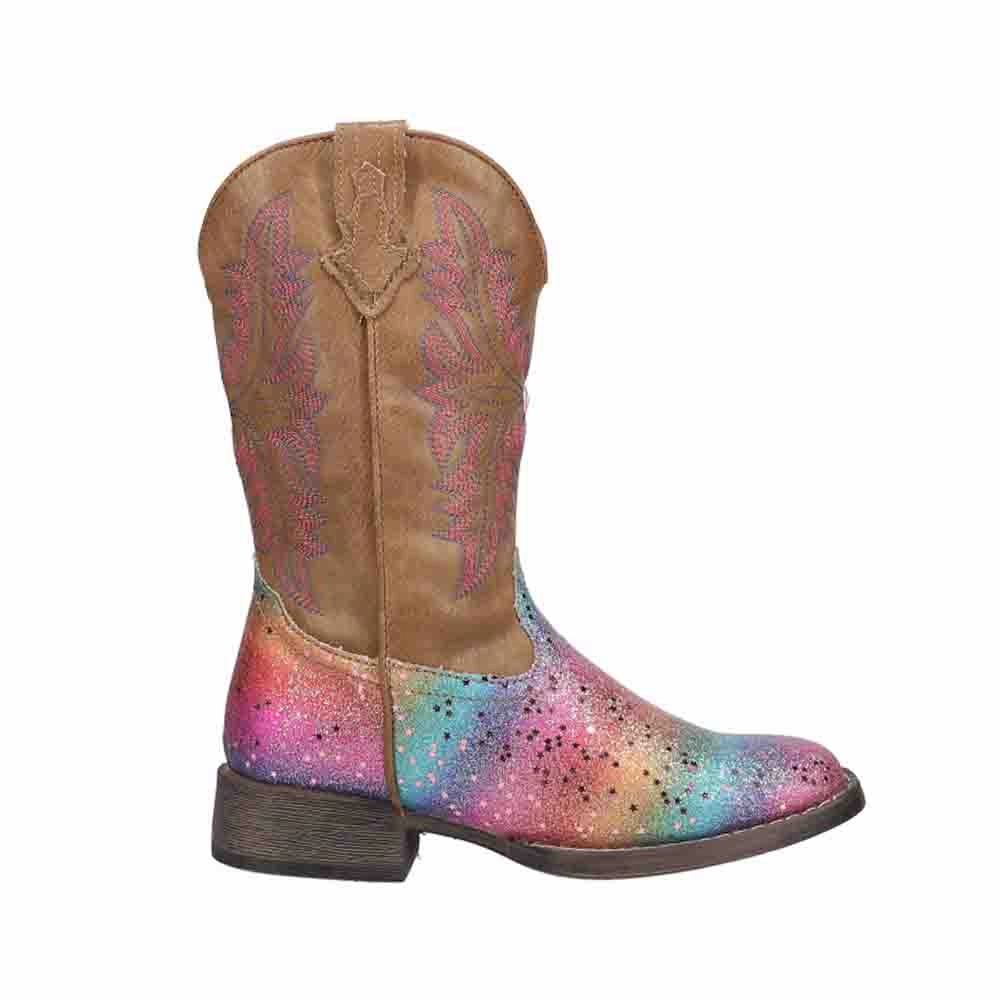Rainbow Glitter Square Toe Cowboy Boots (Little Kid) Best Work Boots For Standing On Concrete
