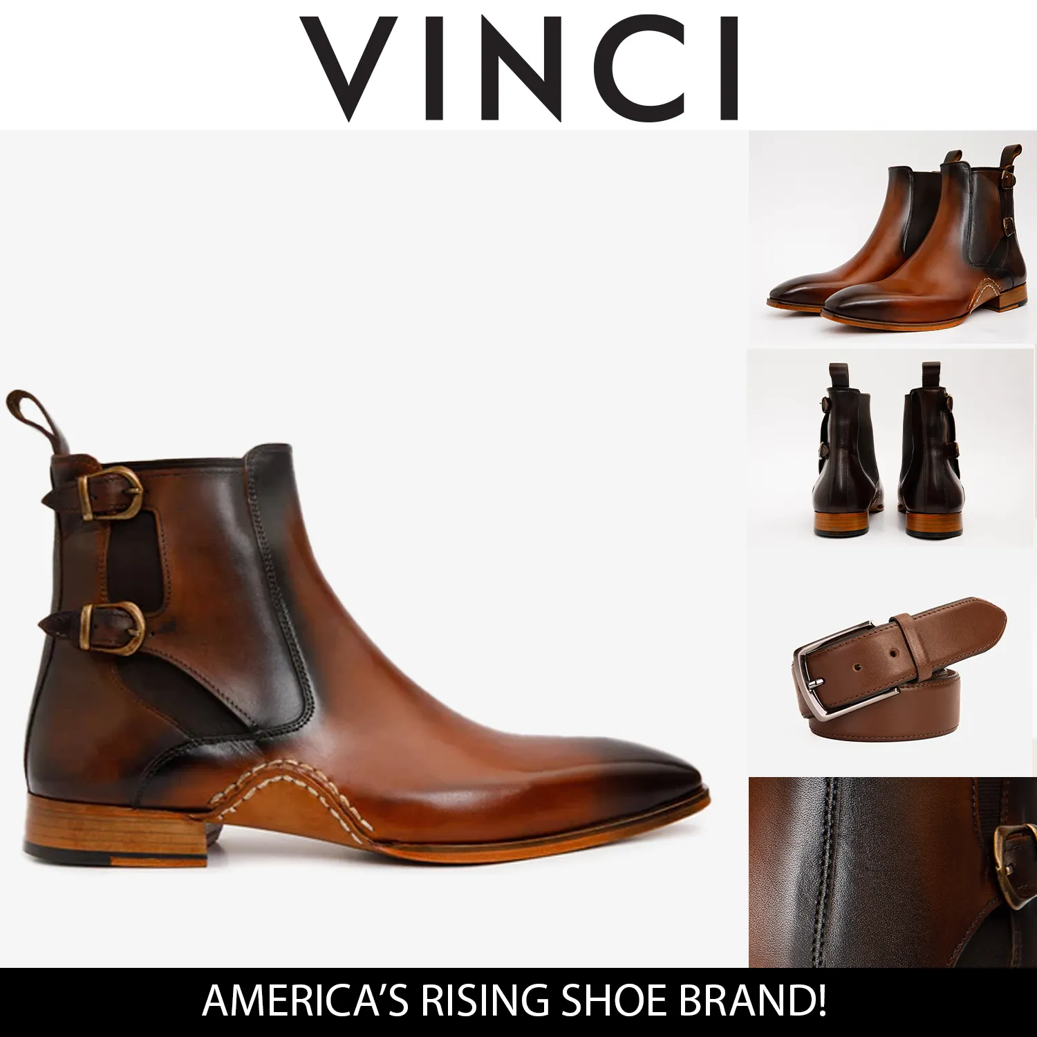 The Royal Hand Craft Tan Leather Double-Buckle Chelsea Men Boot Westward Chelsea Boots