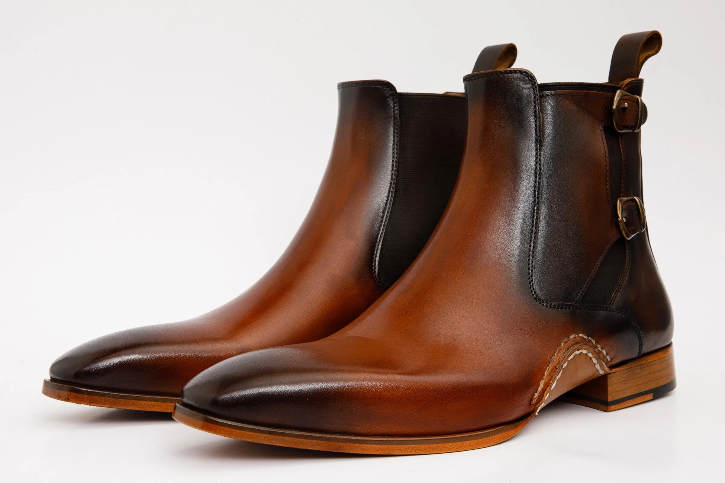 The Royal Hand Craft Tan Leather Double-Buckle Chelsea Men Boot Boots.