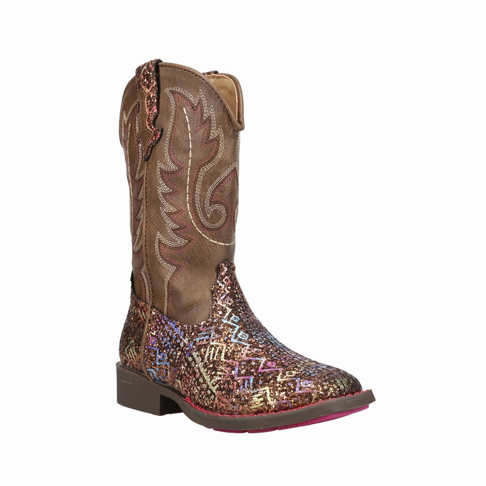 Moto Cross Boots Aztec Glitter Square Toe Cowboy Boots (Little Kid)