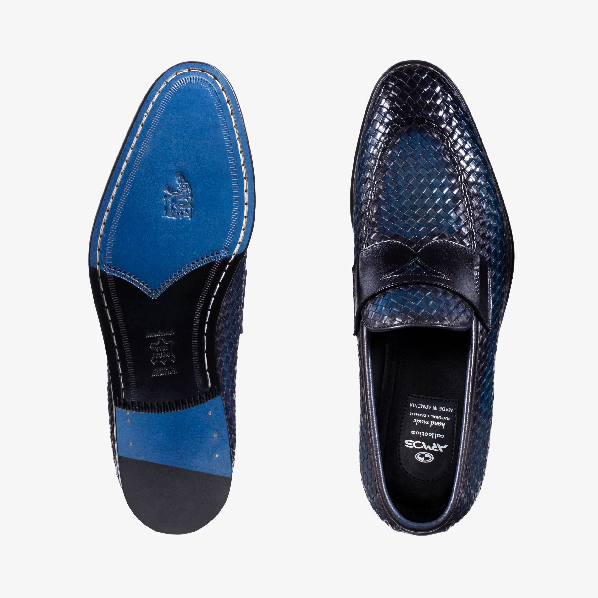 Men's Blue Woven Leather Penny Loafer Pearl Loafers