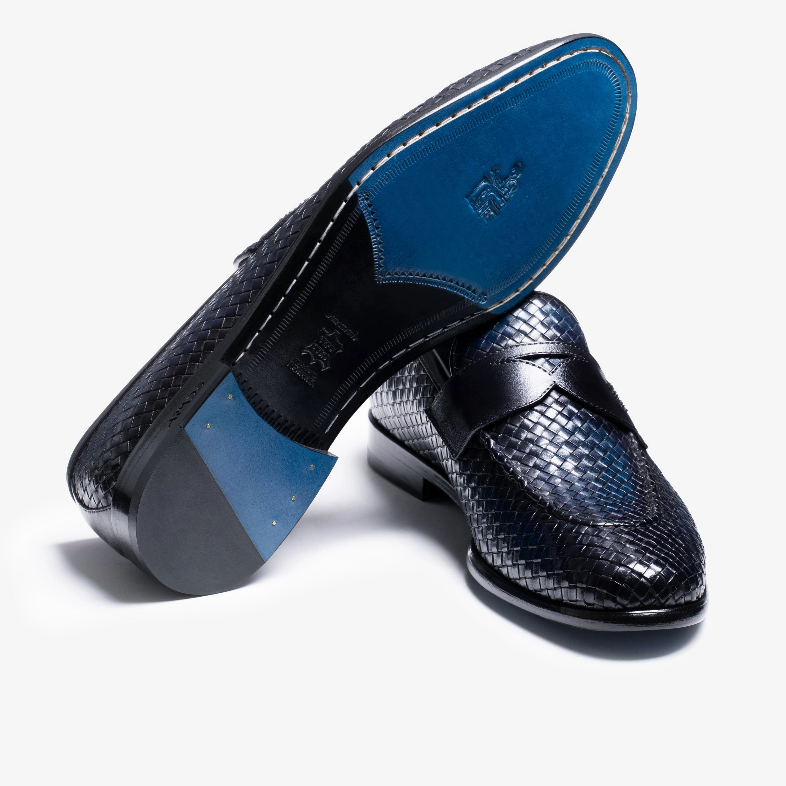 Men's Blue Woven Leather Penny Loafer Smooth Leather Loafers