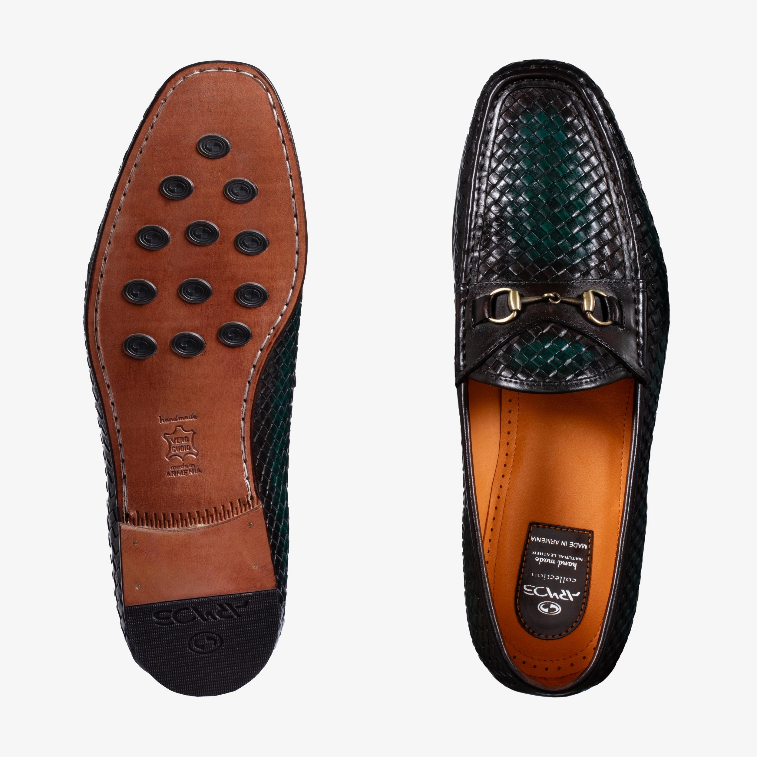 Men's Brown & Green Woven Moccasin Hermes Shoes Loafers