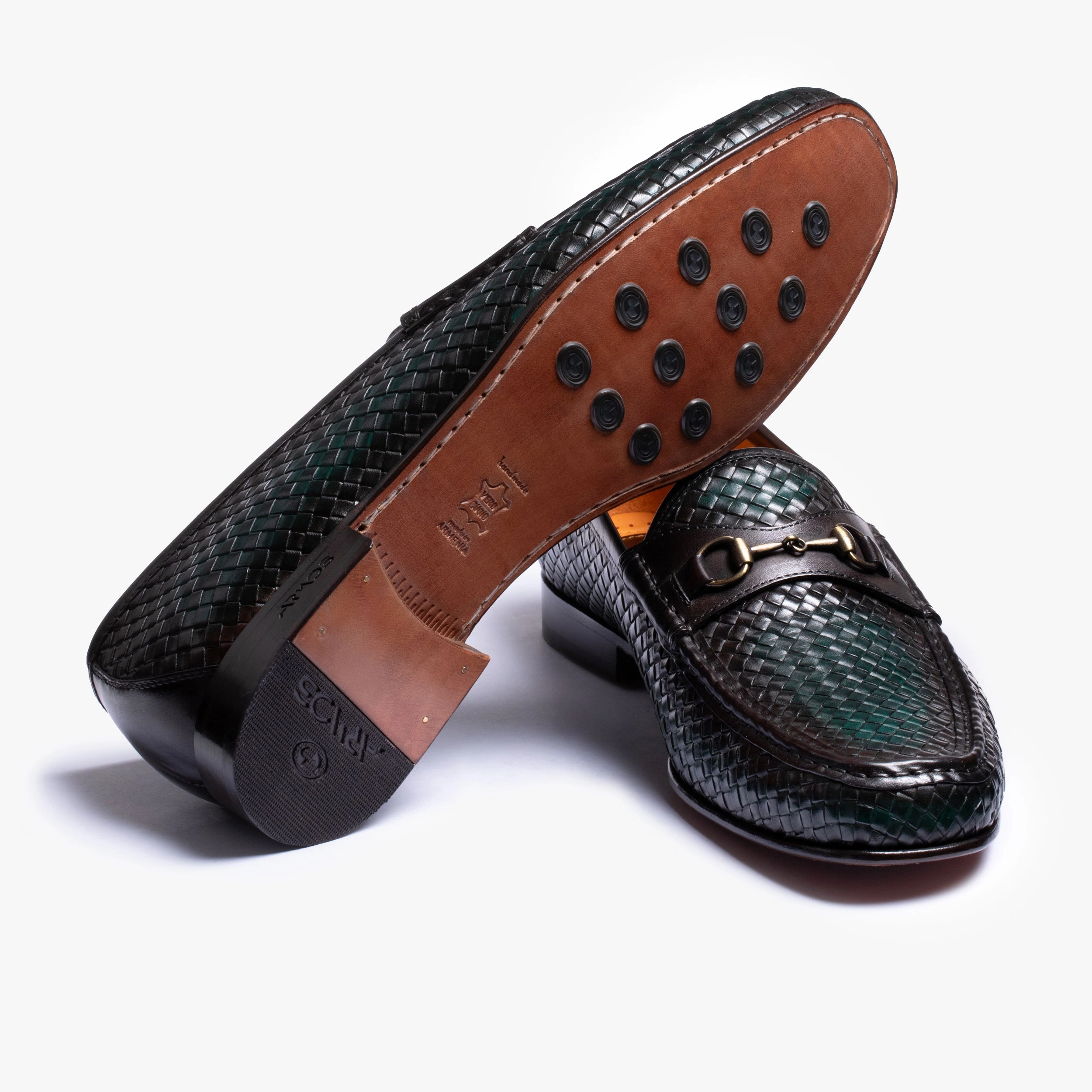 Men's Brown & Green Woven Moccasin Wally Grip Craft Leather Loafers