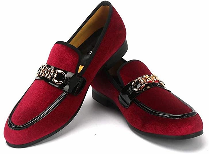 Best Cross Country Men's Velvet Loafers,Mens Dress Shoes with Gold Chain, Slip On Flats Smoking Slippers Penny Shoes for Men