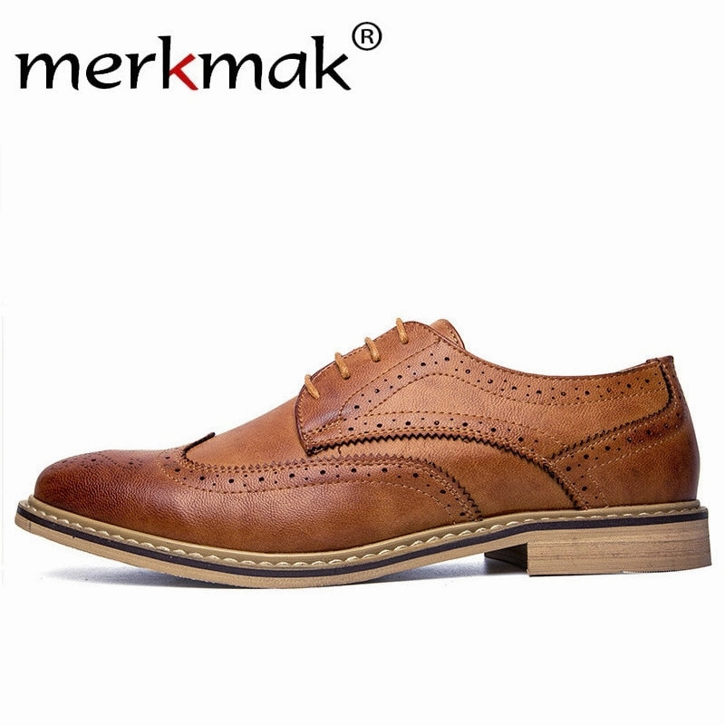 Plain Toe Lace Up Oxfords Merkmak New Arrival Luxury Italian Men Brogue Dress Shoes Formal Business Oxfords Shoes for Men British Brand Men Leather Flats