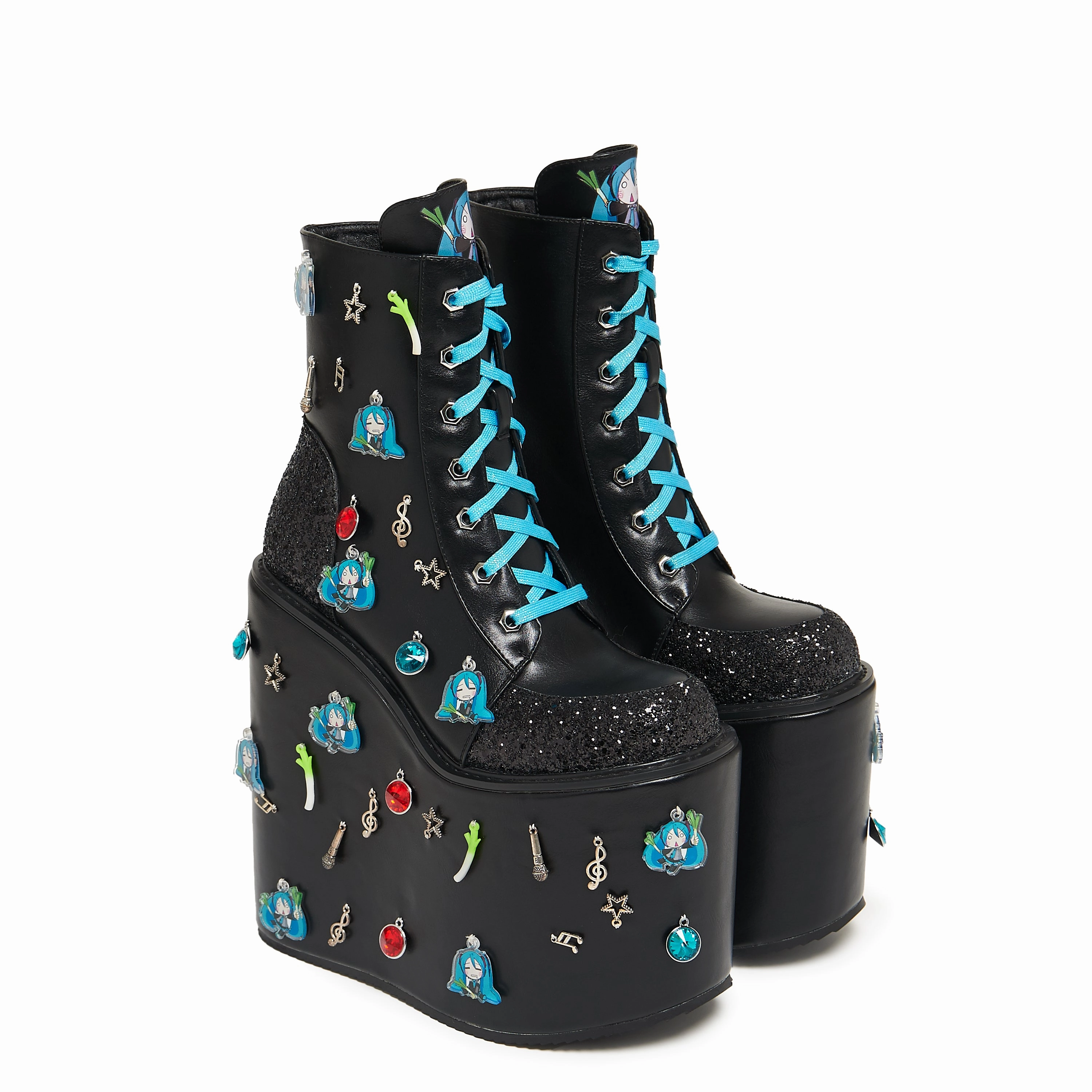 Musical Leek Miku Mega Platform Charm Boots Snake Print Block Heel Ankle Boots