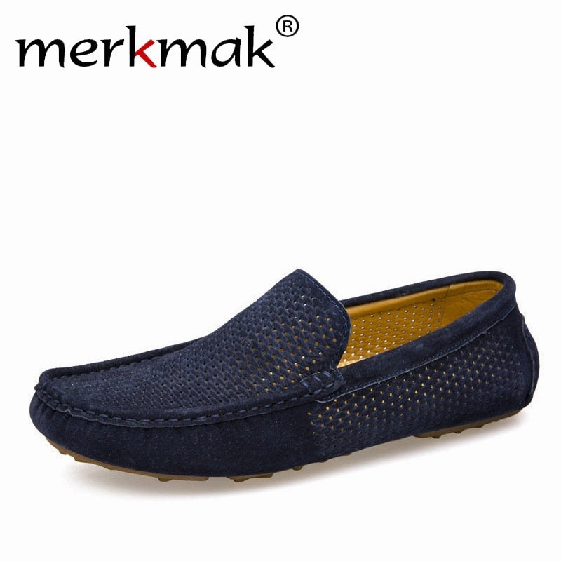 Low Heel Loafers New Men Loafers Casual Summer Shoes Fashion Genuine Leather Slip On Driving Shoes Soft Moccasins Holes Comfort Light Mens Flats