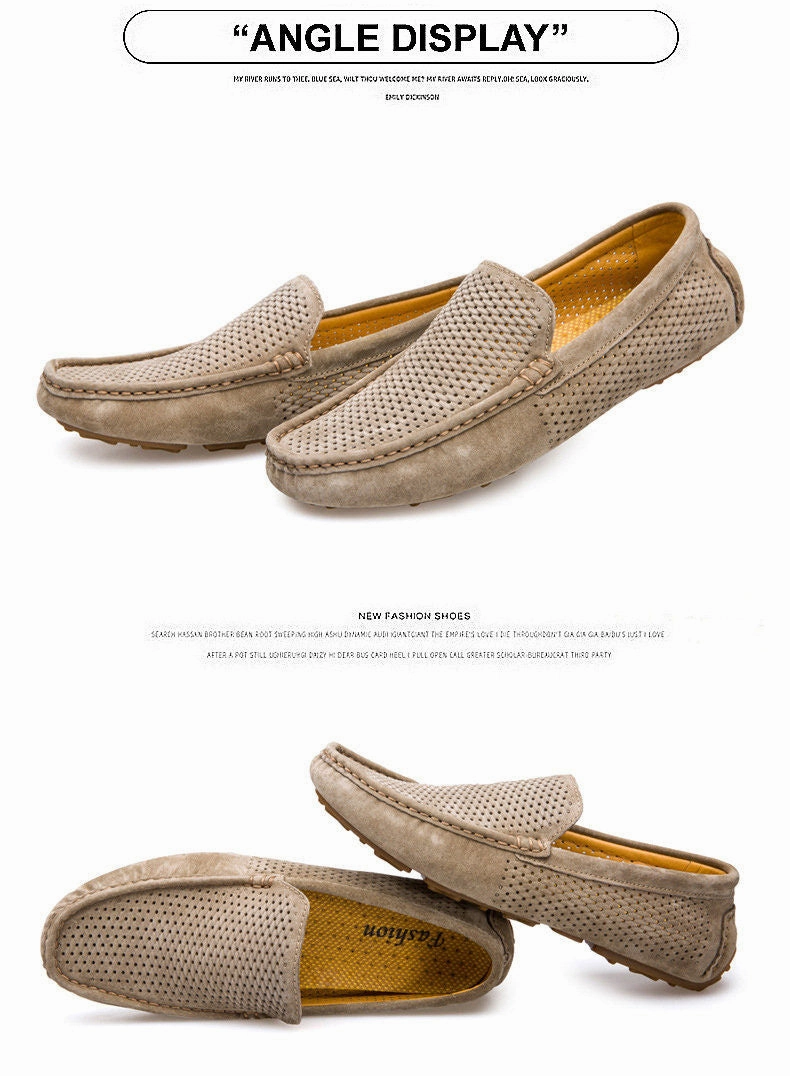 New Men Loafers Casual Summer Shoes Fashion Genuine Leather Slip On Driving Shoes Soft Moccasins Holes Comfort Light Mens Flats Eurosoft Loafers