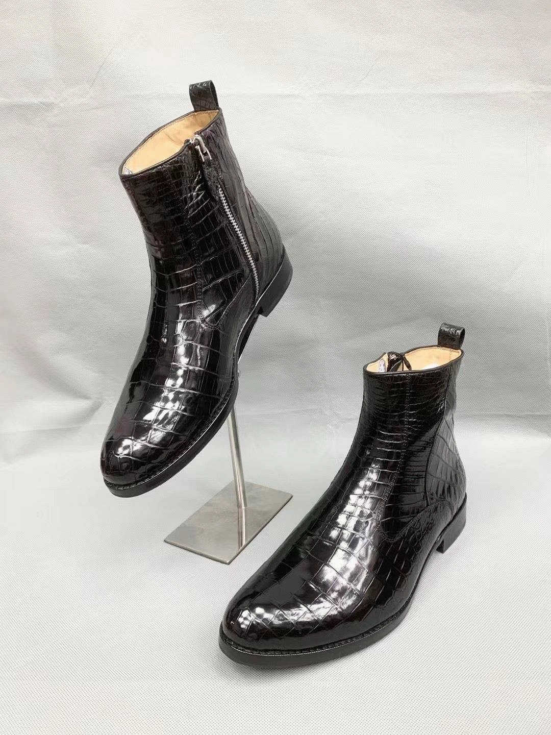 Crocodile Shoes Men Black Ankle Crocodile  Leather Boot, Men Side Zipper Boot, Men Crocodile Leather Boots Ankle Boots Rubber Heel