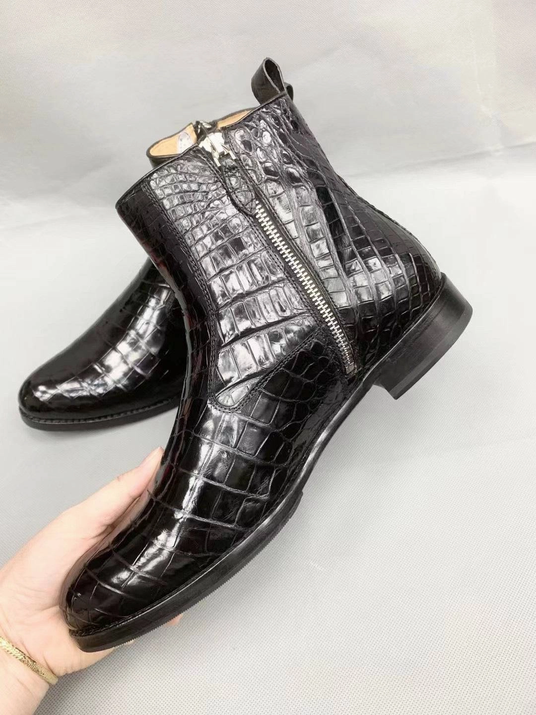Crocodile Shoes Men Black Ankle Crocodile  Leather Boot, Men Side Zipper Boot, Men Crocodile Leather Boots Flat Zip Up Ankle Boots