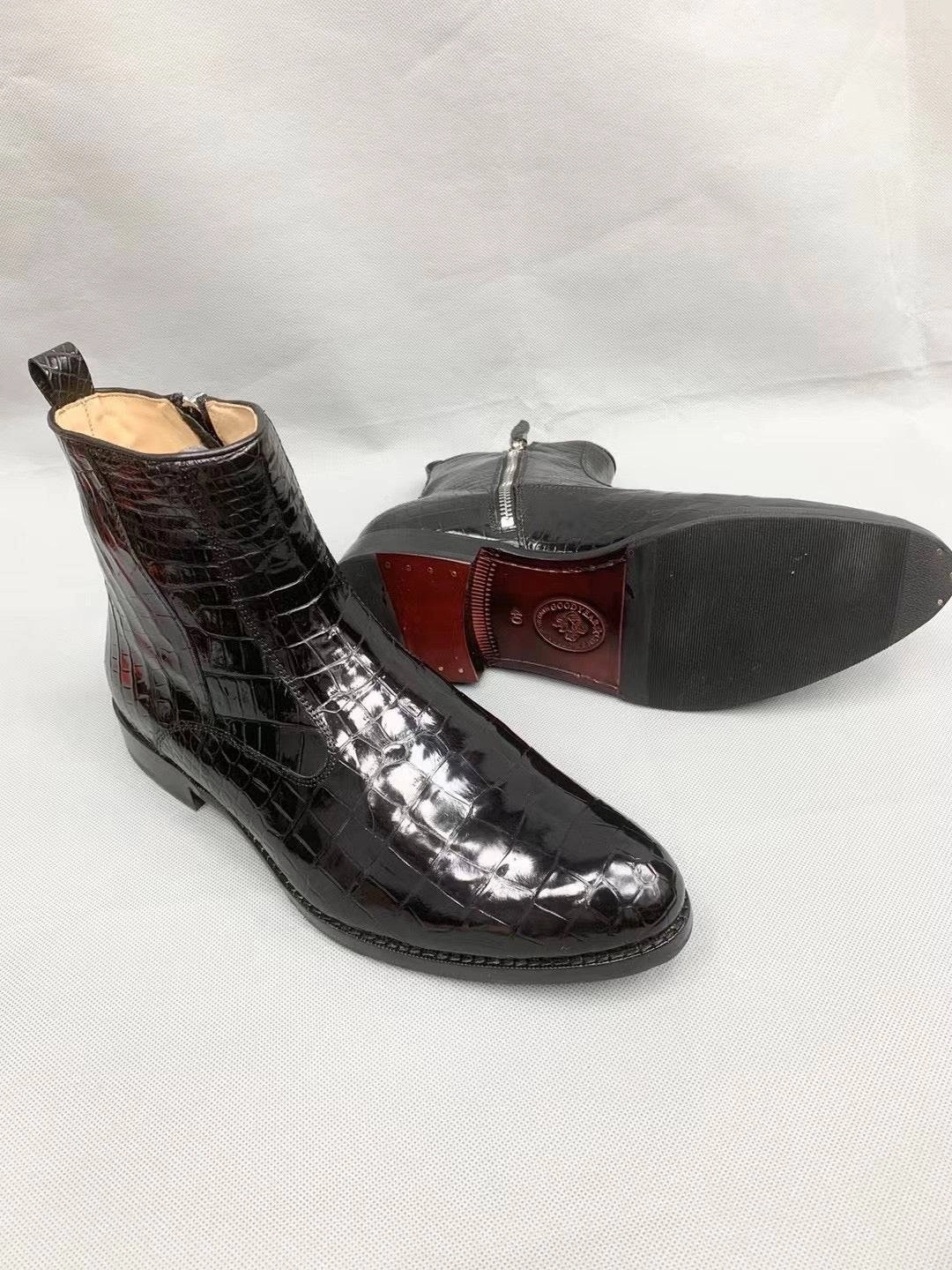 Crocodile Shoes Men Black Ankle Crocodile  Leather Boot, Men Side Zipper Boot, Men Crocodile Leather Boots Orthotic Friendly Ankle Boots