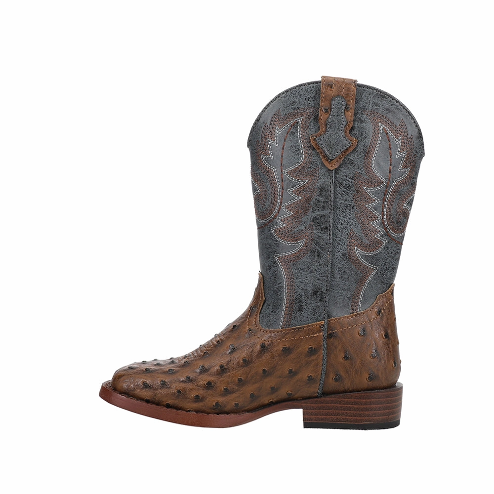 Pull On Safety Toe Boots Bumps Ostrich Print Embroidered Square Toe Pull On Cowboy Boots (Little Kid-Big Kid)