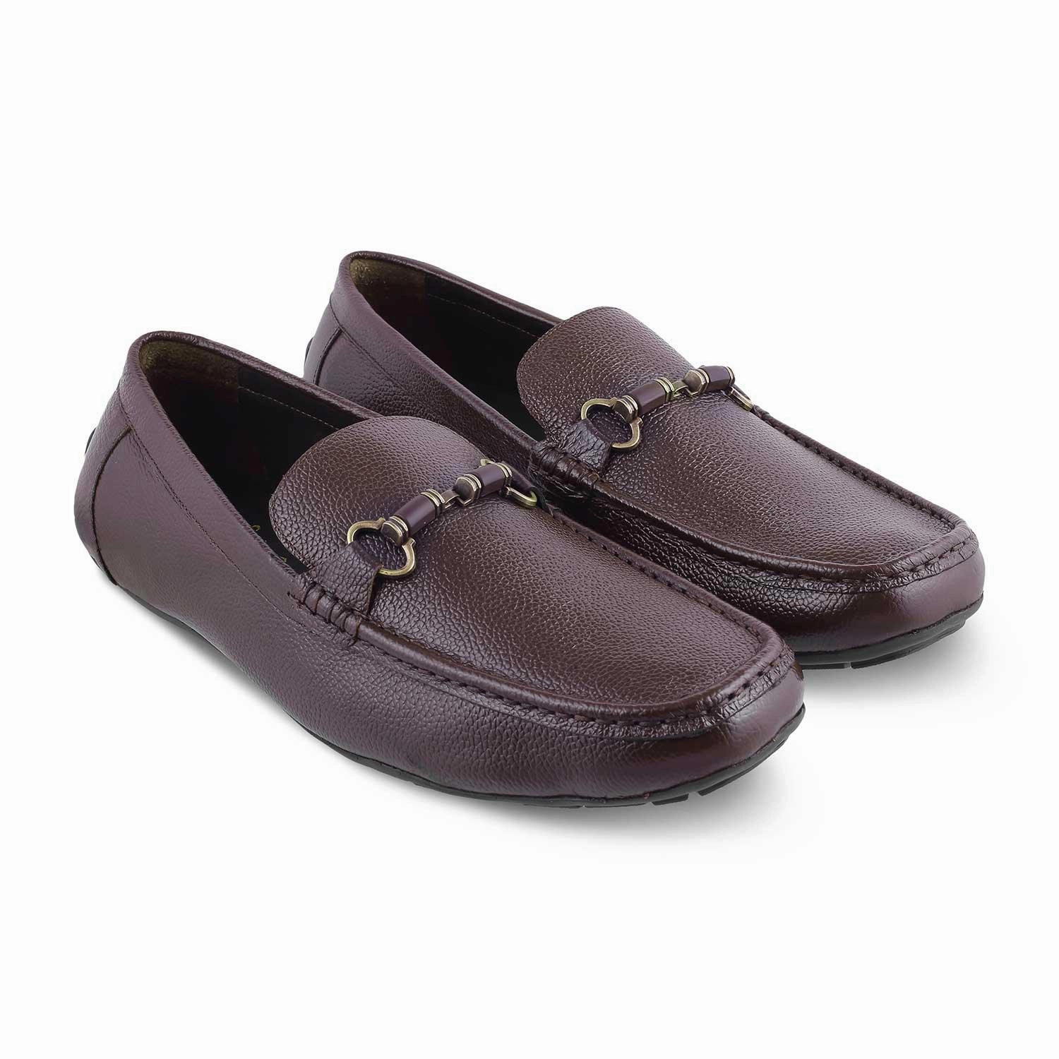 The Robuk Brown Men's Leather Driving Loafers Tresmode Wedge Penny Loafers