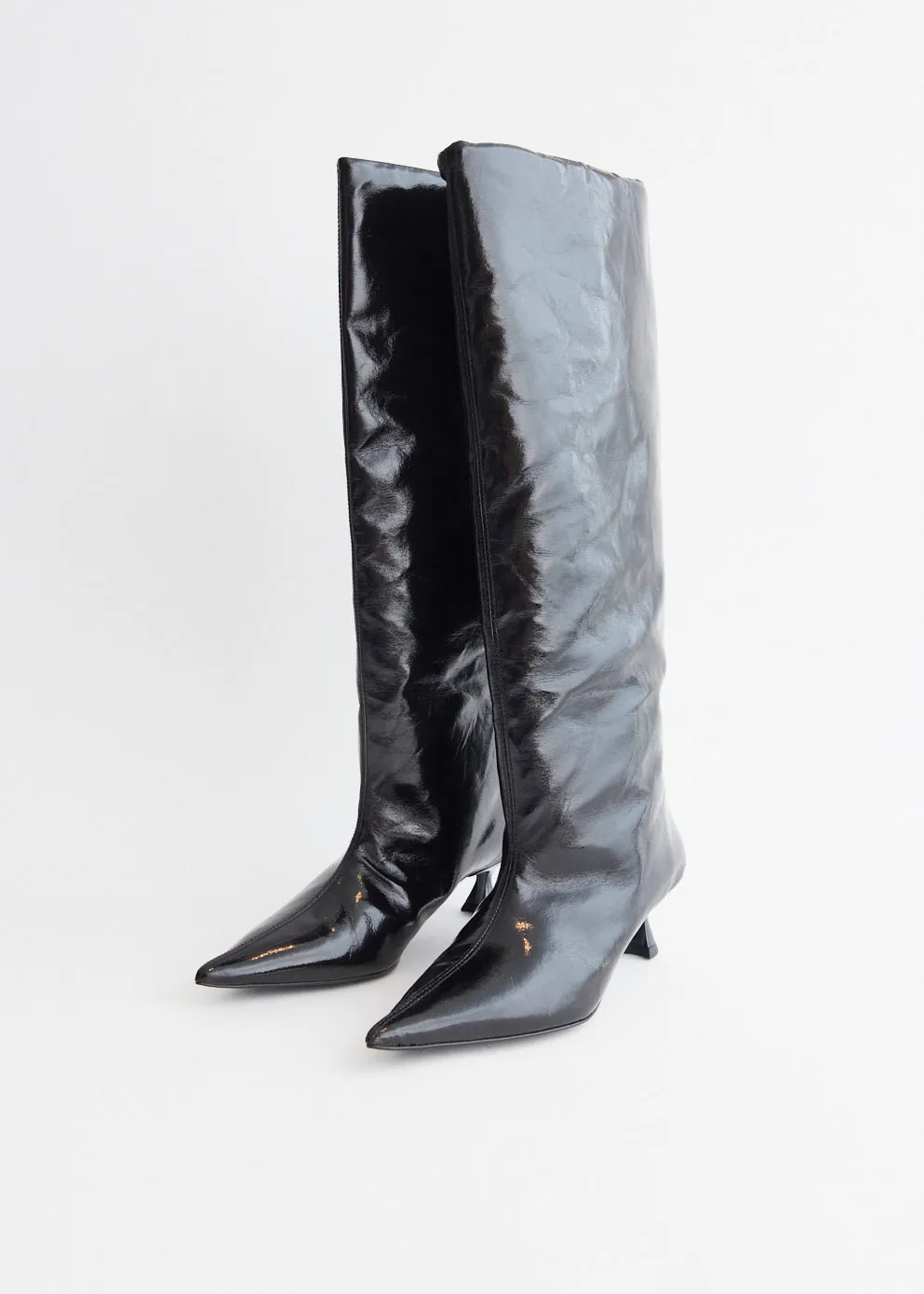 Navy Satin Heels Soft Slouchy High Shaft Boots