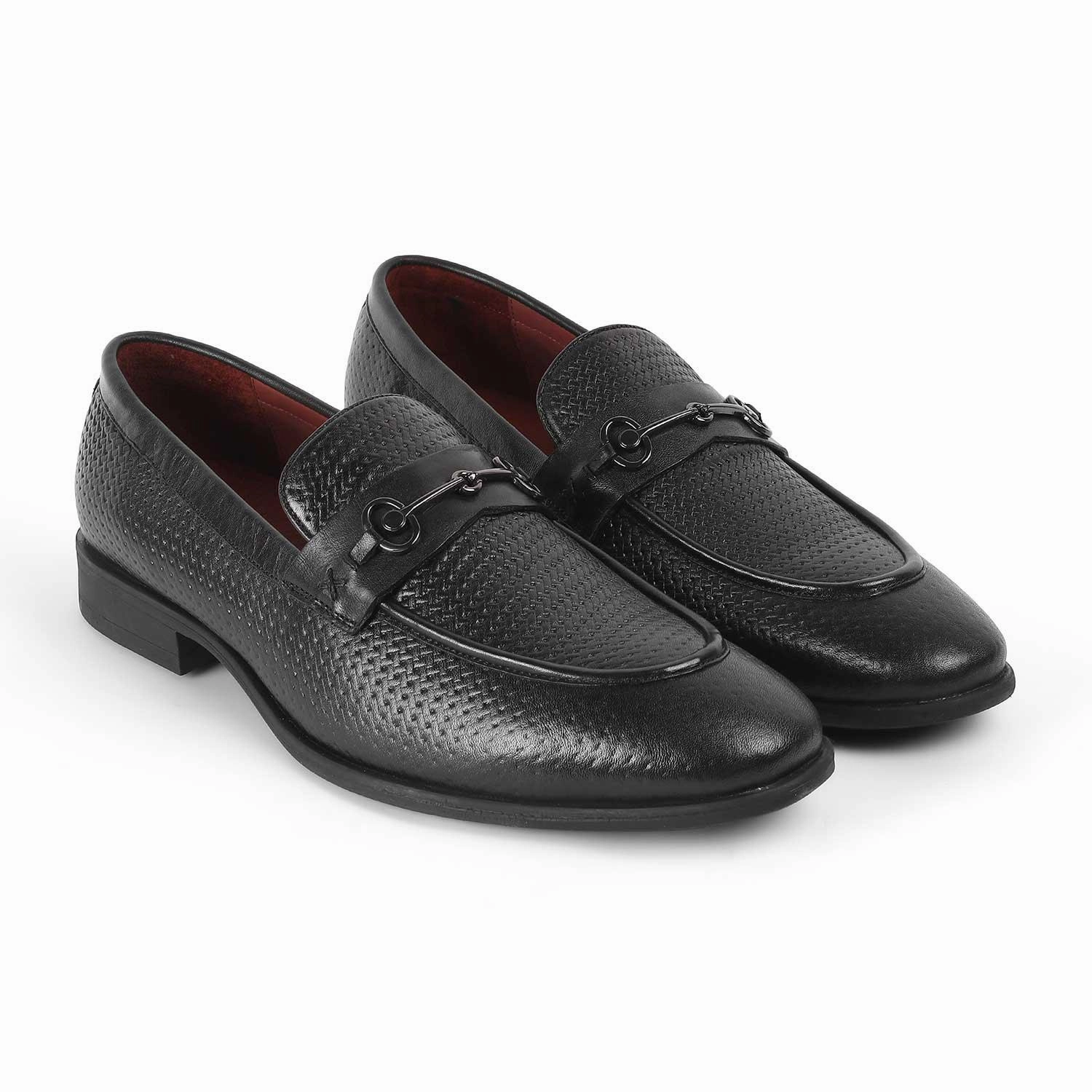 Tresmode Fetch Black Men's Textured Leather Loafers Franco Sarto Bocca Loafers