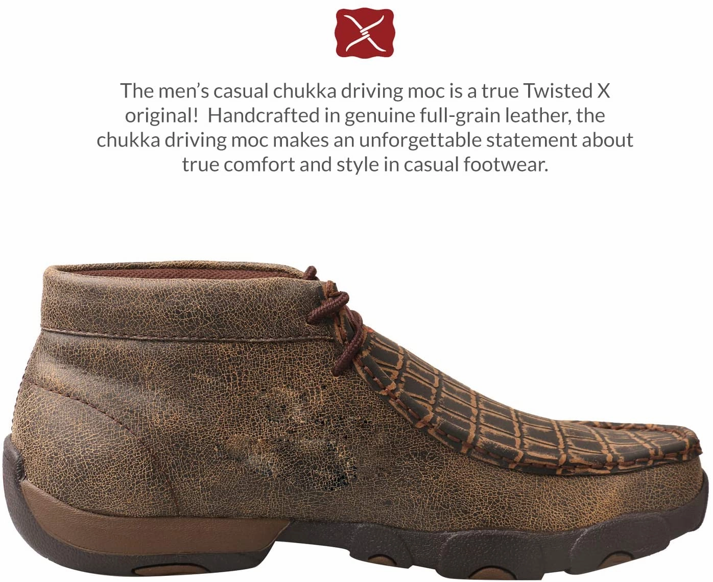 Cordovan Loafers Twisted X Men's Chukka Driving Moc, Caiman Print/Brown, 9M