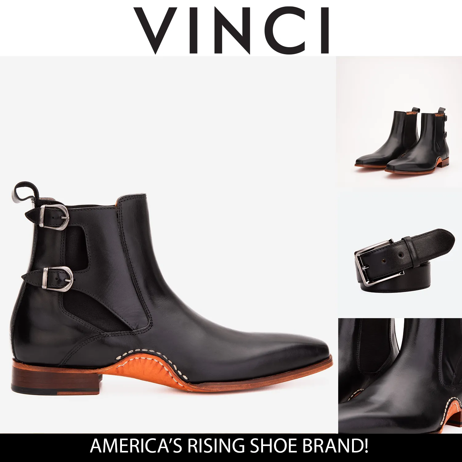 Holly Tall Chelsea Boots The Royal Hand Craft Black Leather Double-Buckle Chelsea Men Boot