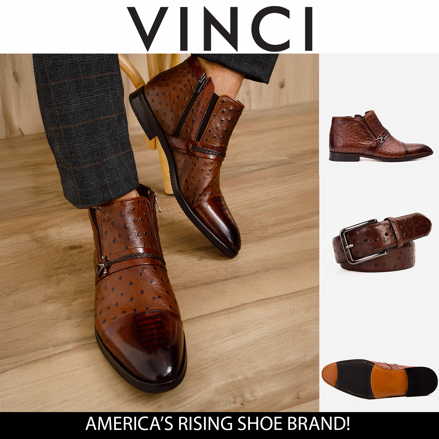 Pointed Sock Ankle Boots The Dallas Tan Leather Bit Ankle Zip-Up Dress Men Boot