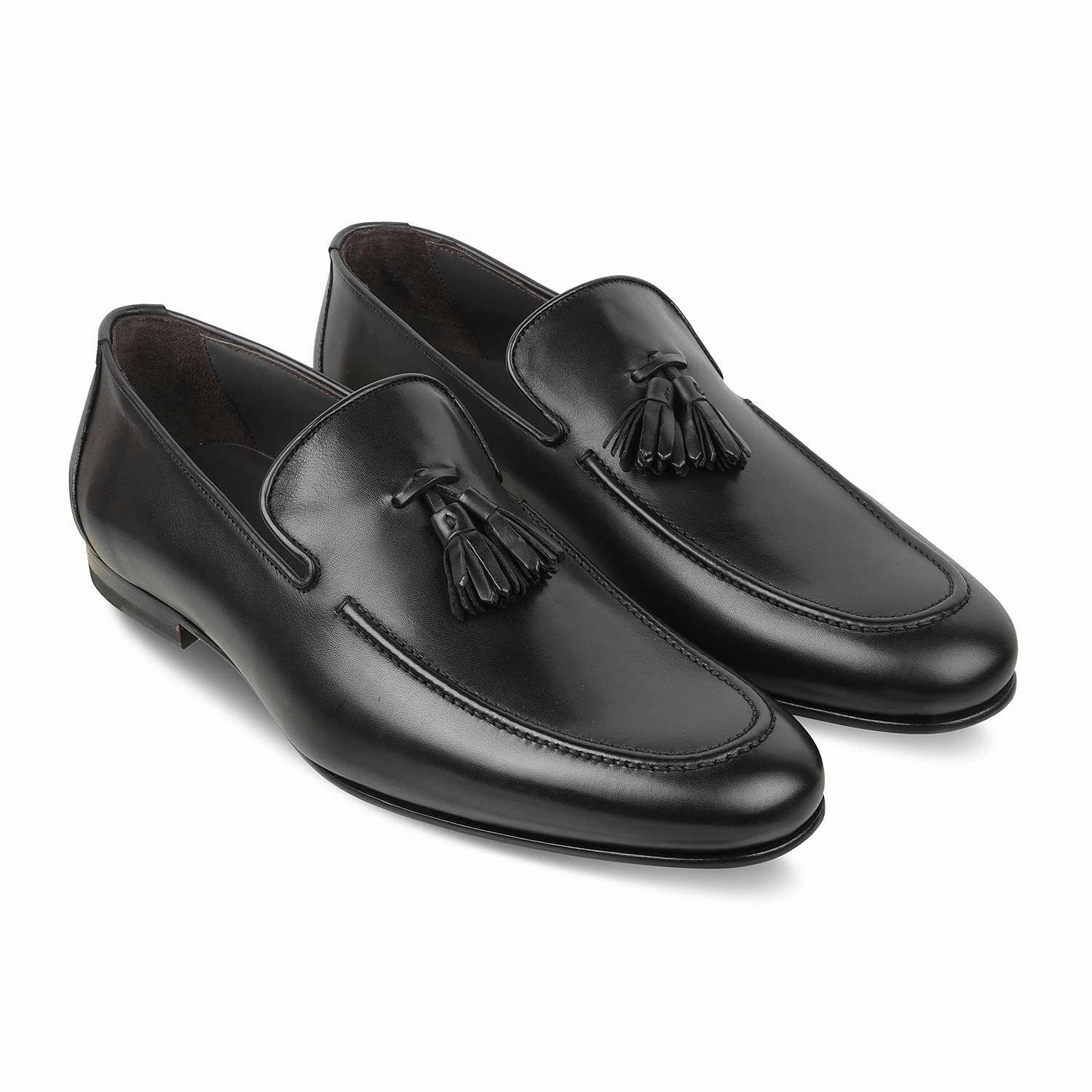 The Mancio Black Men's Handcrafted Leather Loafers Tresmode Square Toe Penny Loafers