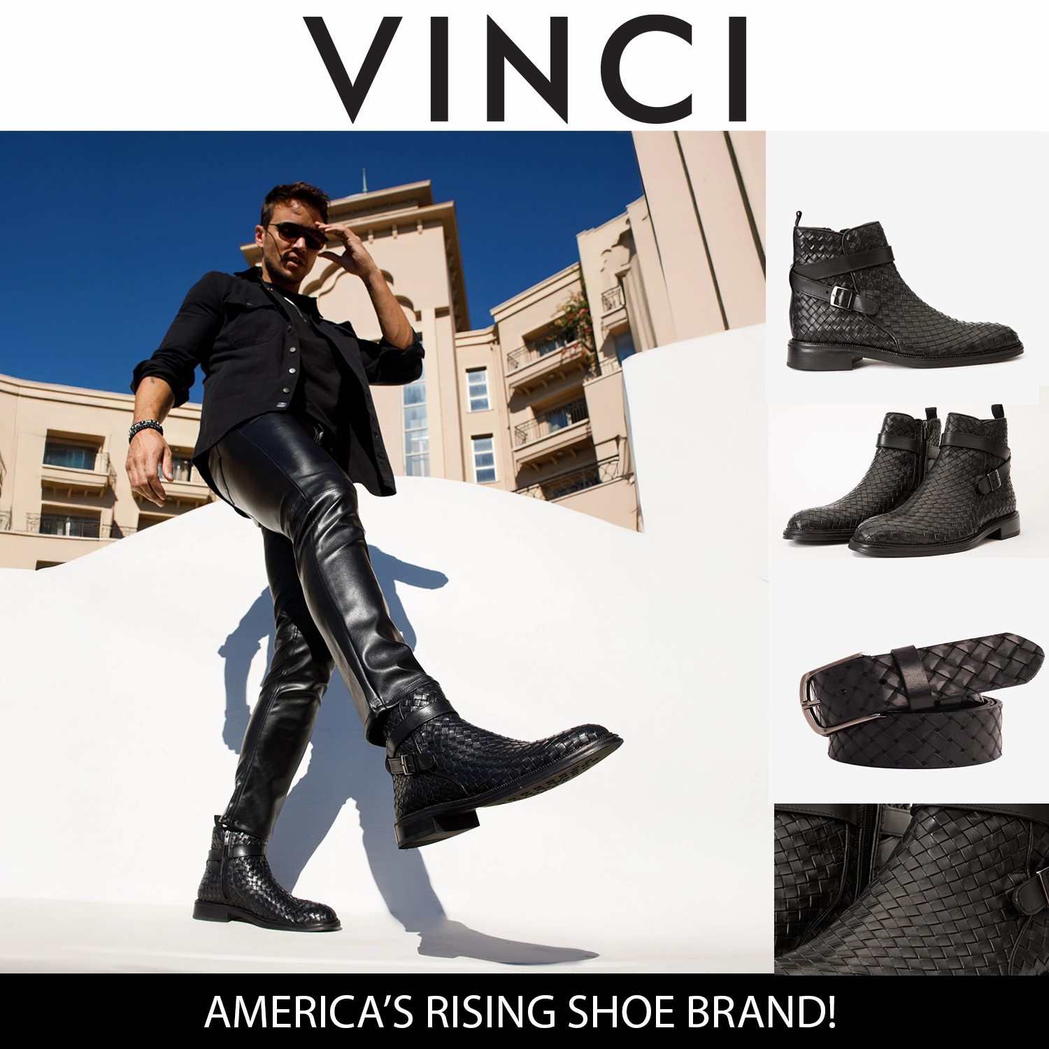 The Morral Black Handwoven Leather Cross Strap Buckle Zip-Up Men Boot Cute No Heel Ankle Boots