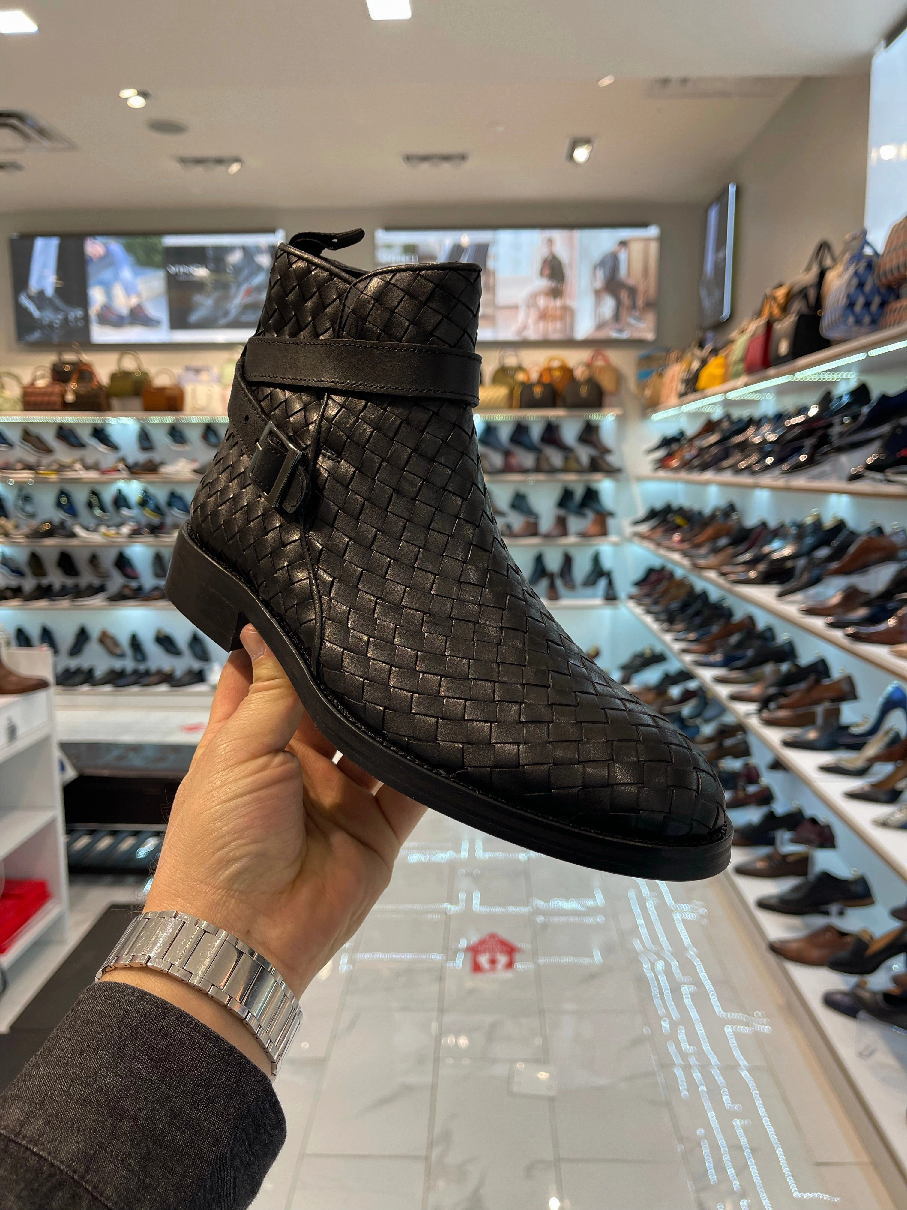 Spring Step Leather Ankle Boots The Morral Black Handwoven Leather Cross Strap Buckle Zip-Up Men Boot