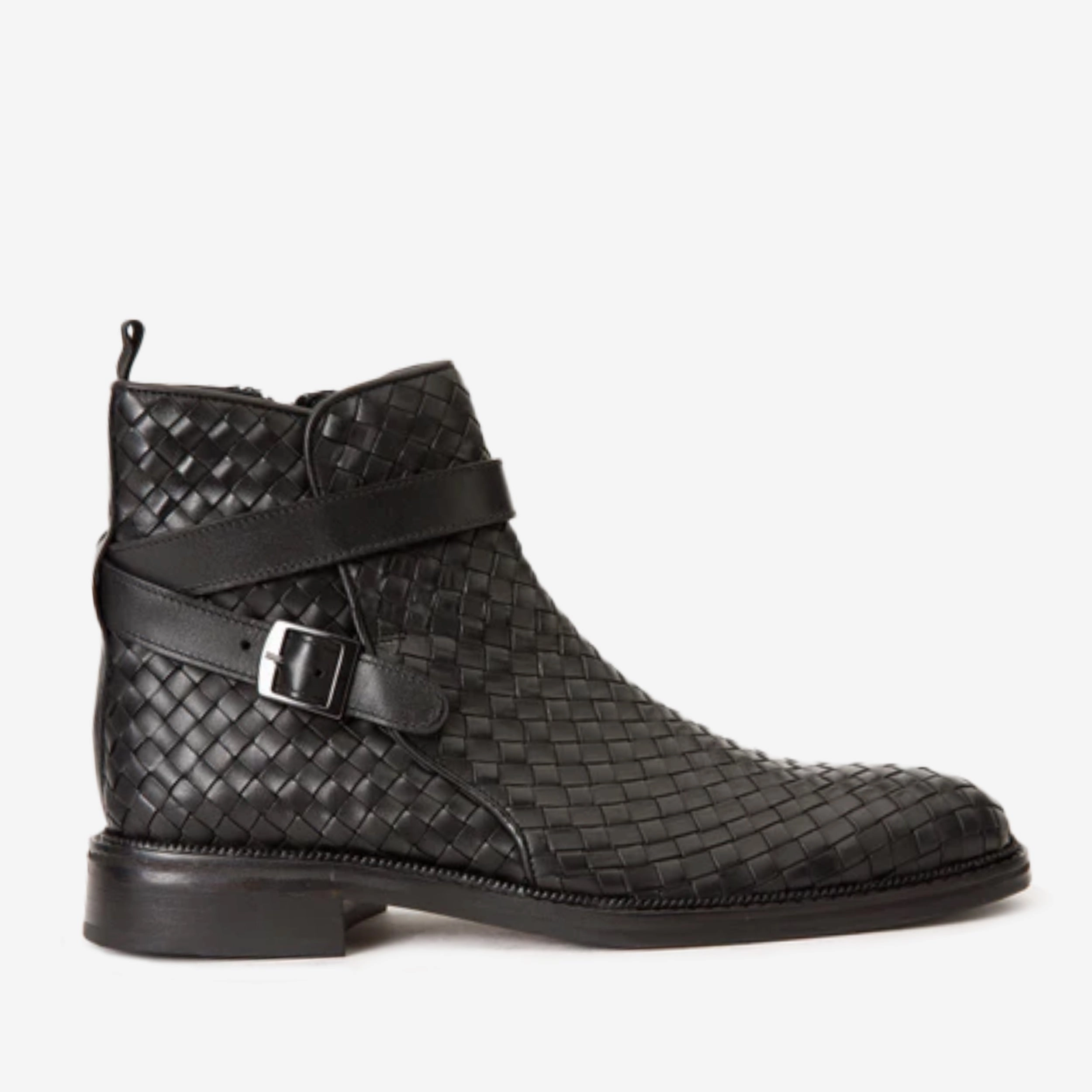 Ballet Ankle Boots The Morral Black Handwoven Leather Cross Strap Buckle Zip-Up Men Boot