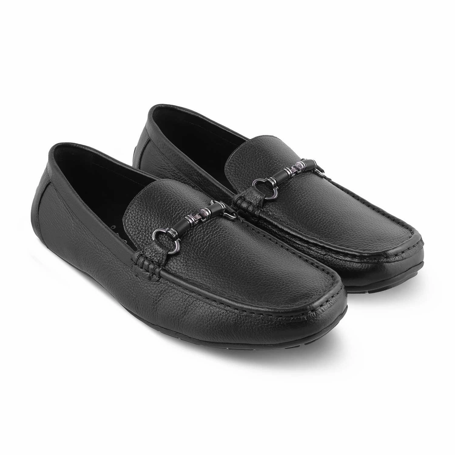The Robuk Black Men's Leather Driving Loafers Tresmode Backless Loafers