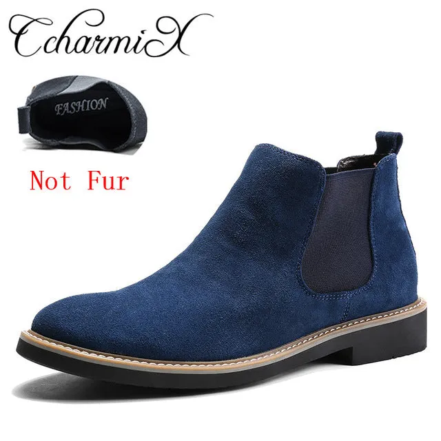 CcharmiX Men Chelsea Boots Slip On Suede High Top Classic Men Boots Genuine Leather Chukka Ankle Boots Fashion Cowboy Male Boots Thermal Chelsea Boots
