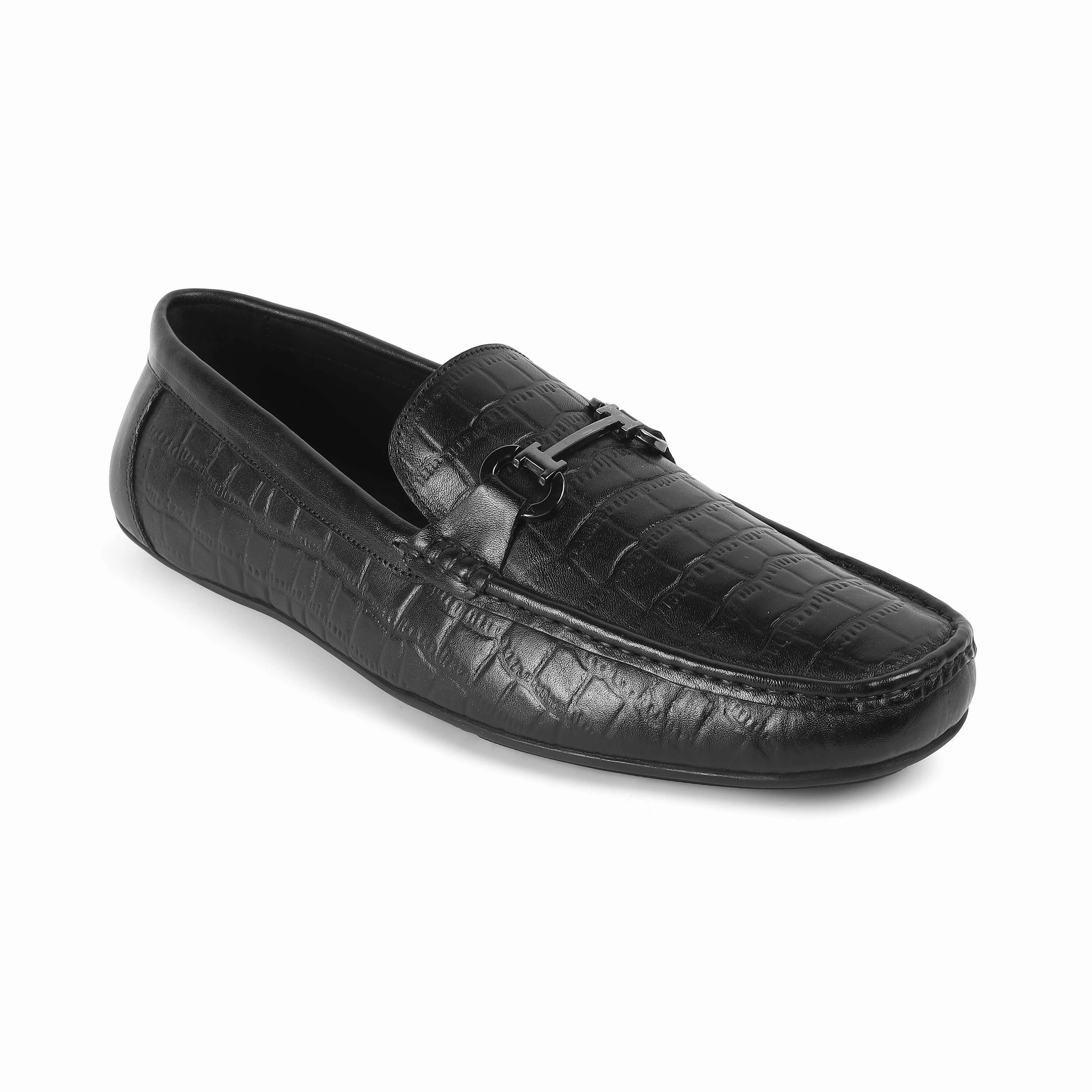 Tresmode Oxile Black Men's Textured Leather Loafers Polo Loafers