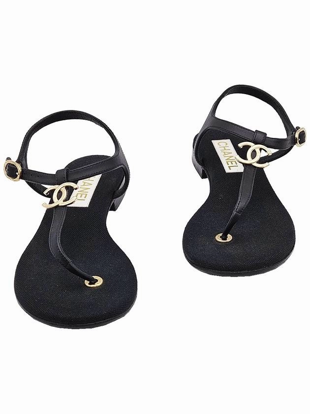 Chanel G39627 Black Lambskin CC Logo T Strap Sandals 37 5 Chanel Braided Sandals Heels