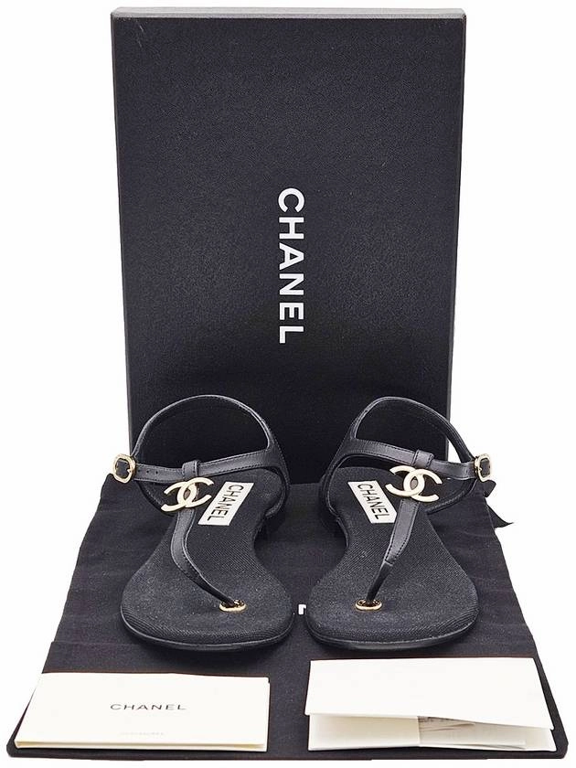 Chanel G39627 Black Lambskin CC Logo T Strap Sandals 37 5 Chanel Wide Toe Box Sandals