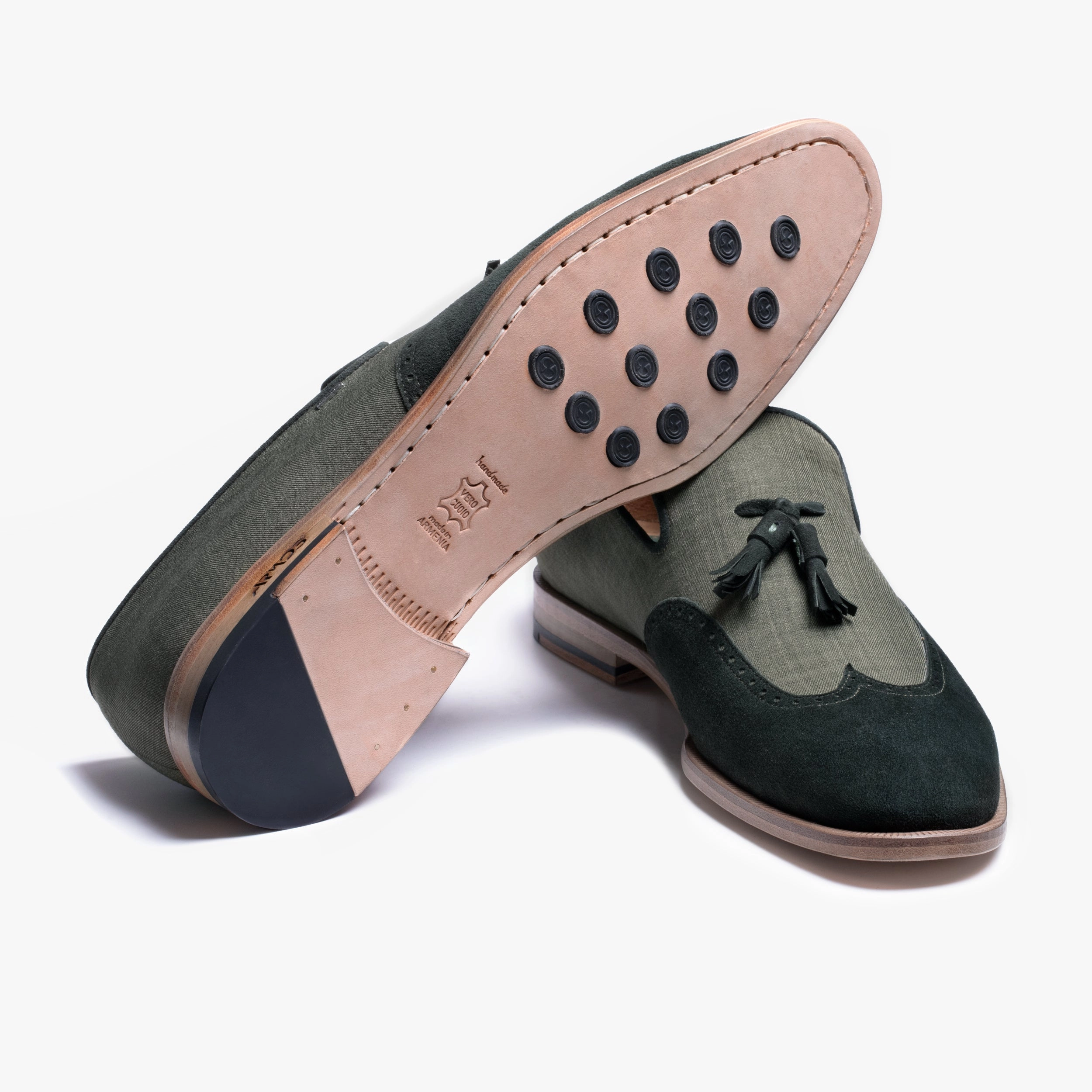 Grant Stone Loafers Mens Green Linen Fiber Tassel Loafers