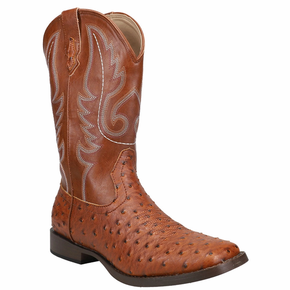 Bumps Faux Ostrich Print Embroidered Square Toe Pull On Cowboy Boots (Little Kid-Big Kid) Leather Thigh High Boots