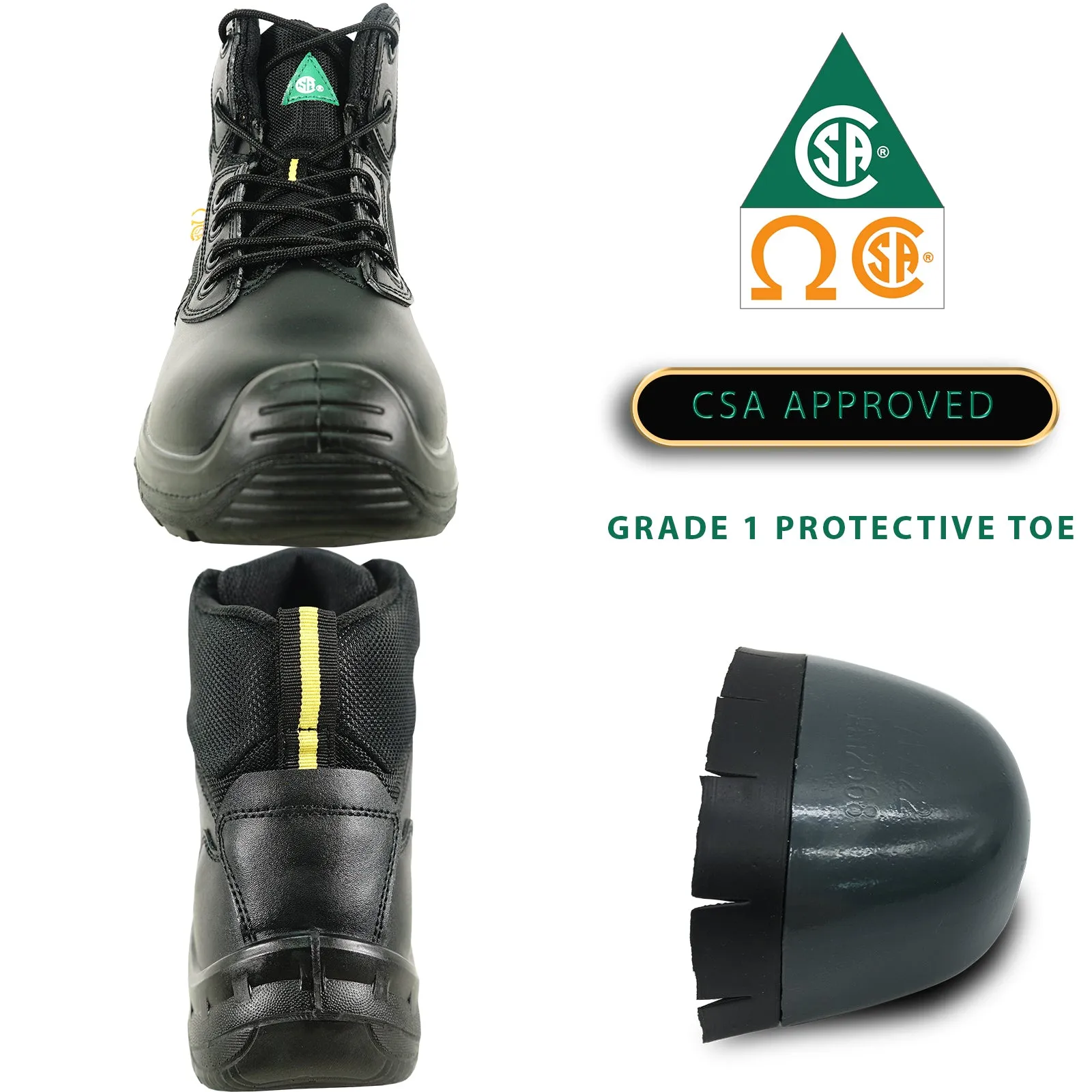 Laceless Work Boots VANGELO Men Work Safety Boot ETHAN-3 CSA Certified Steel Toe Protection Black